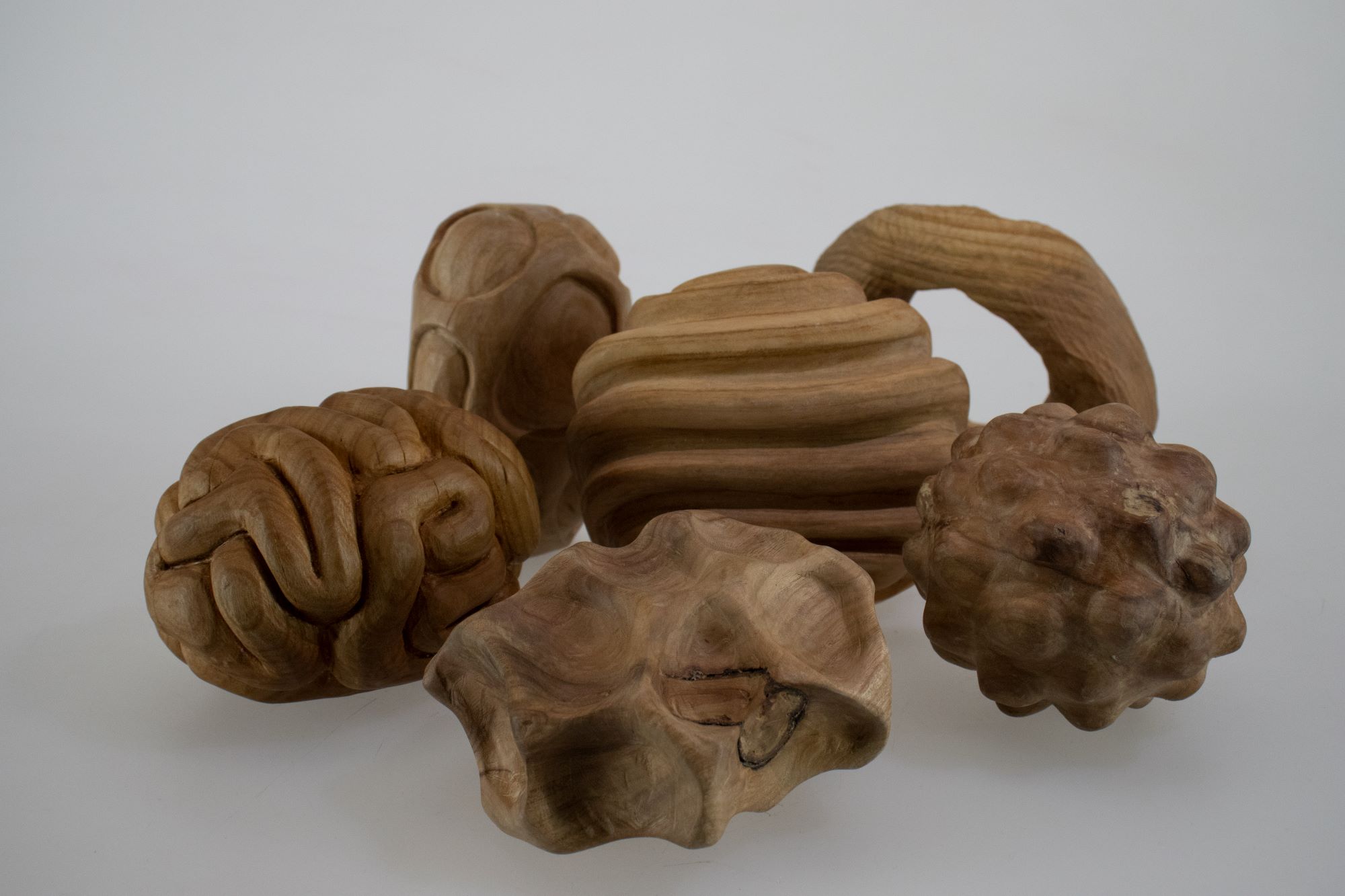 six abstract sculptural forms, carved from wood.