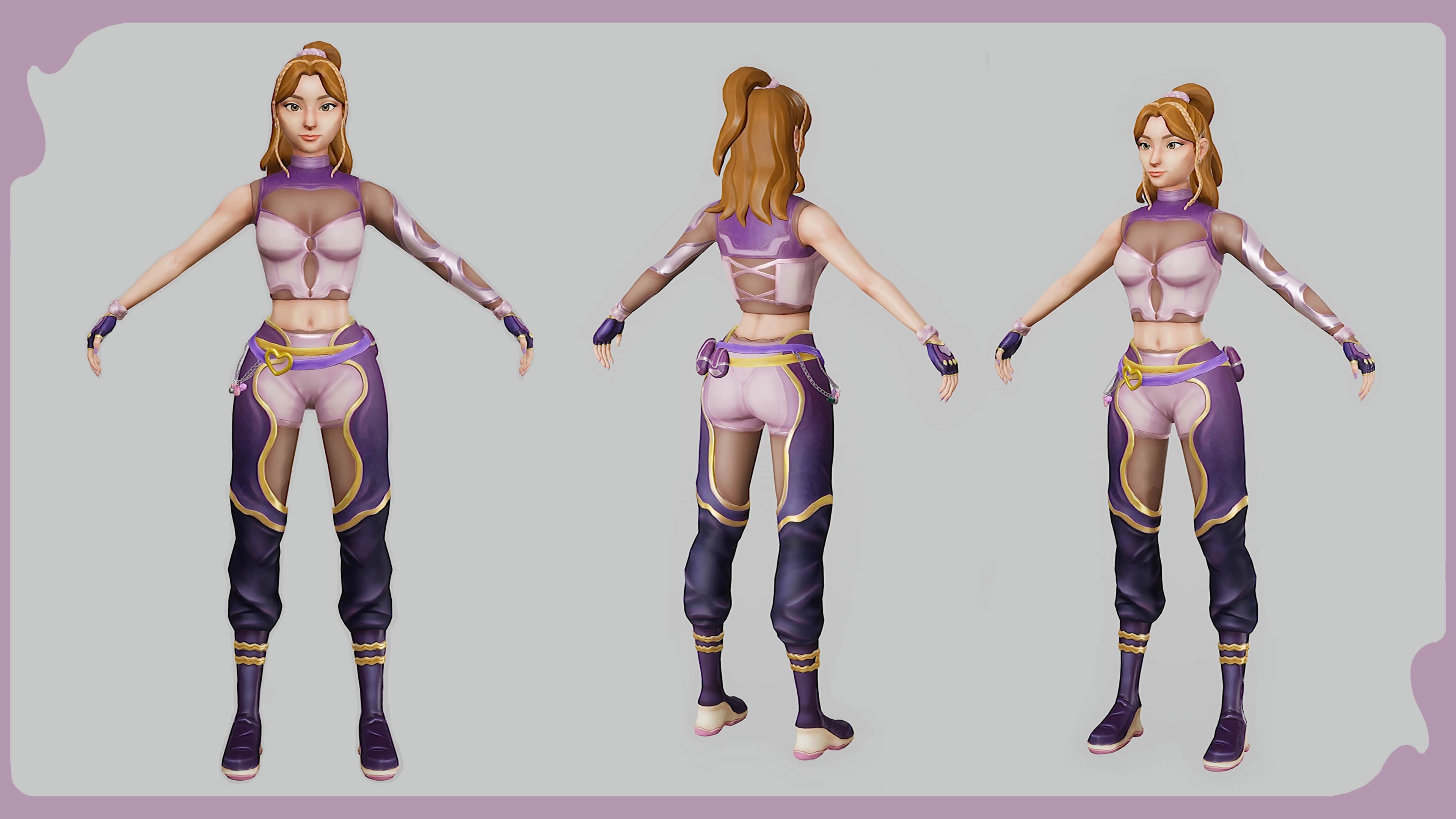 A female 3D character model viewed from three different angles in the style of Valorant