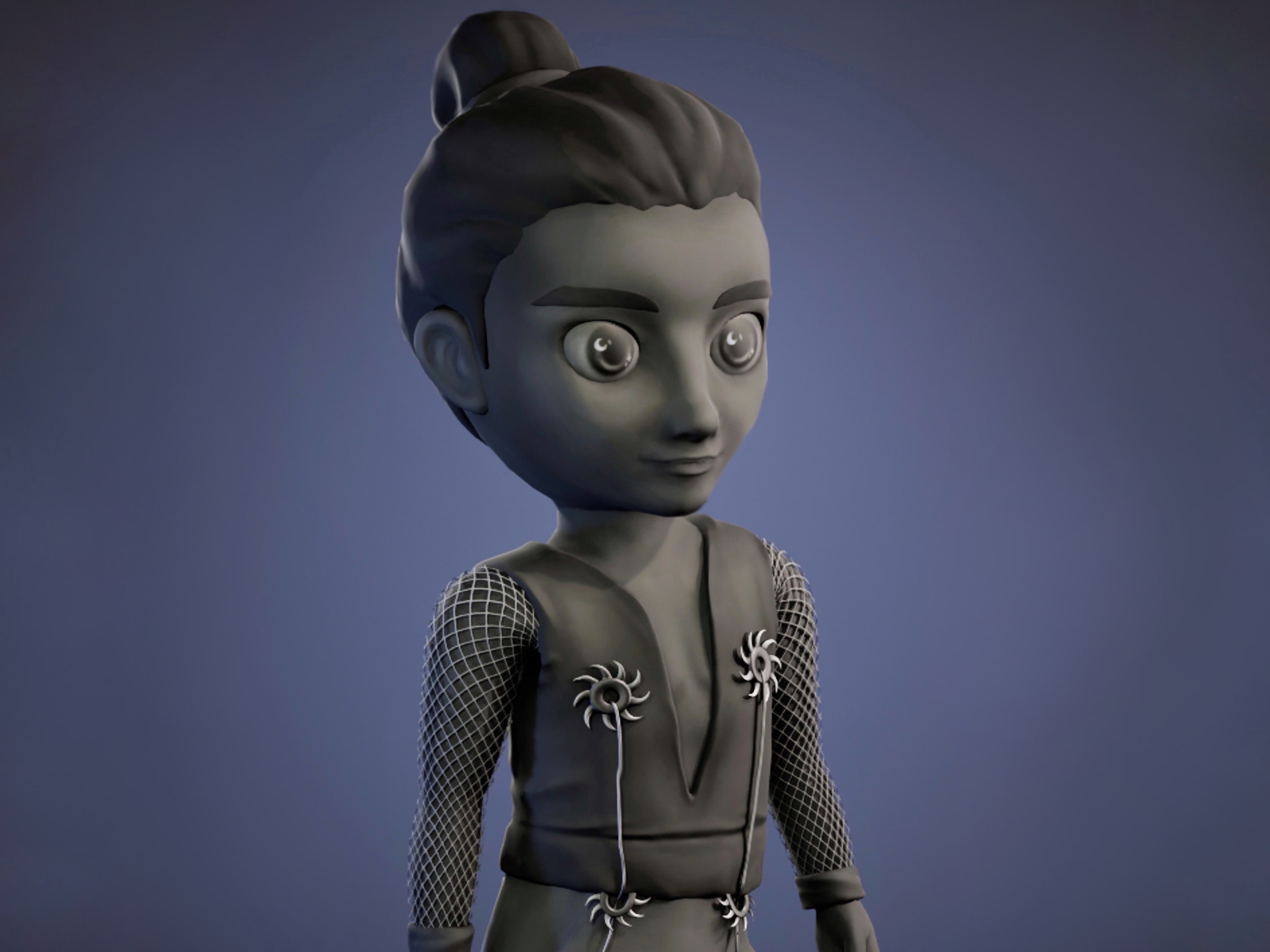 A 3D model of a stylised male character with a top knot in black and white