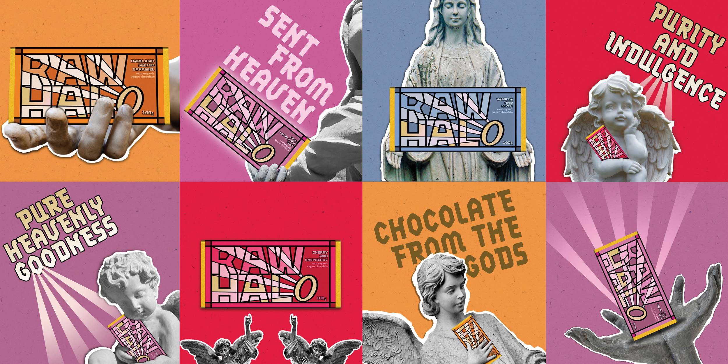 Design work by Cian Paige, showcasing the new vibrant and holy brand world for Raw Halo.
