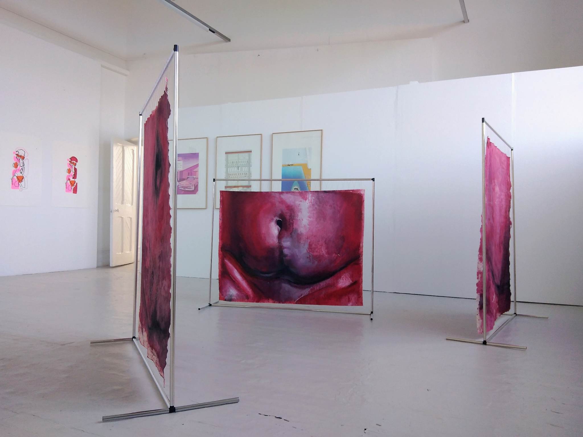 Artwork by Clare Gregory featuring three large, red pieces on canvas displaying close-ups of the abdomen. These are suspended from freestanding, aluminium frames.