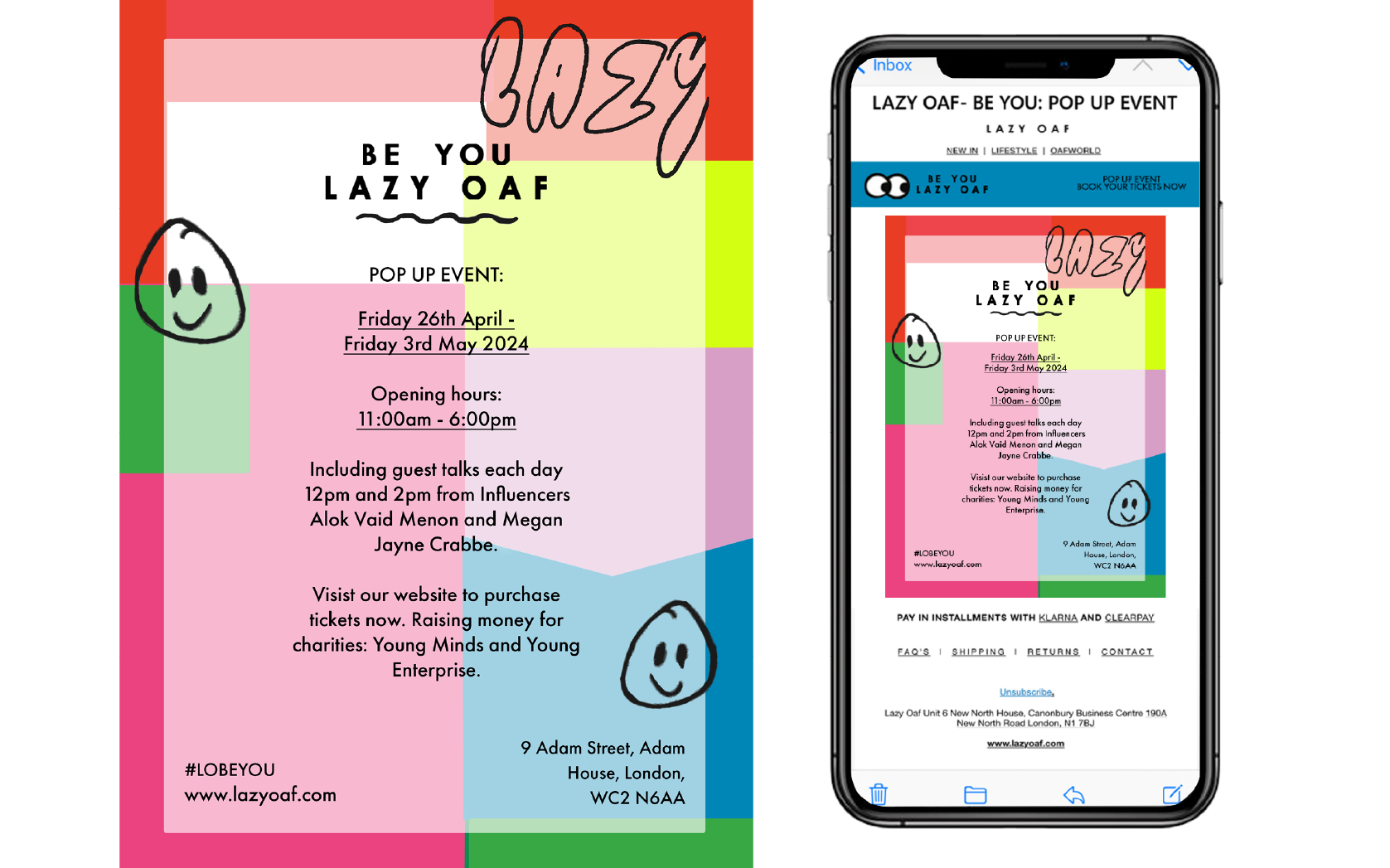 Lazy Oaf campaign work by Connie Reid showing mailing list design, and this design mocked up onto a phone.