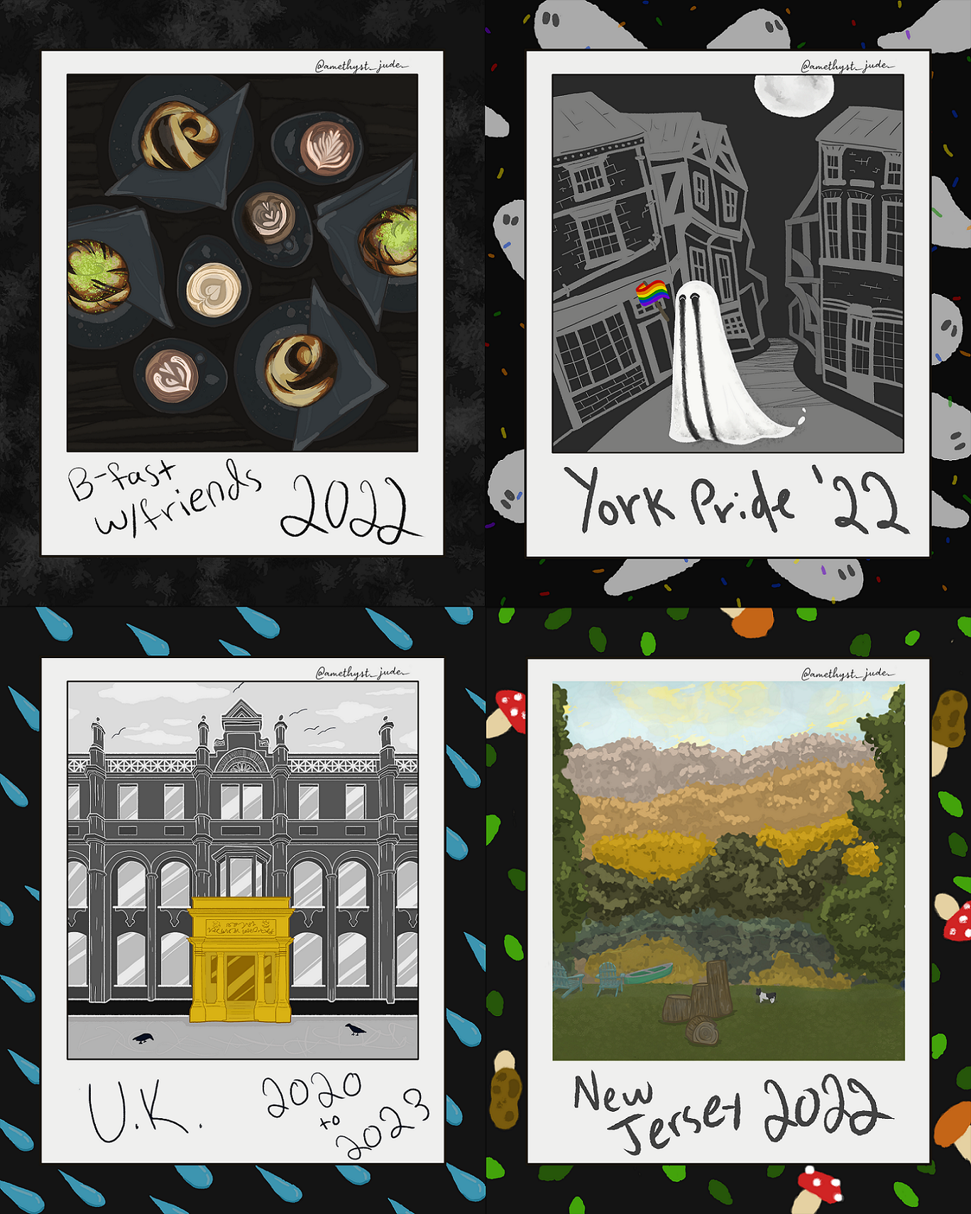 Digital Illustration work by Cydnee Inmon showing 4 polaroids of different places or events.