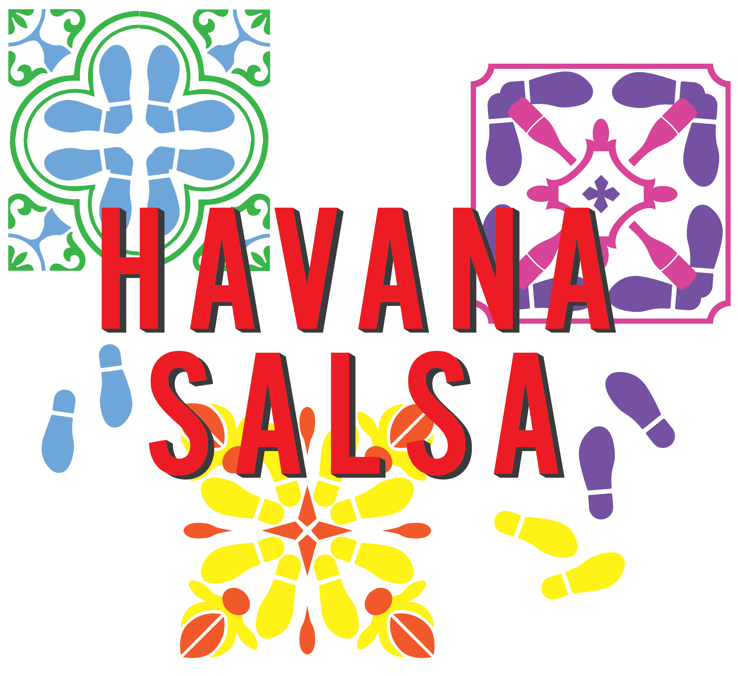 Logo design for Havana Salsa Bar and Dance School by Dan De'ath. Havana Salsa is in red over a white background with colourful tile designs.