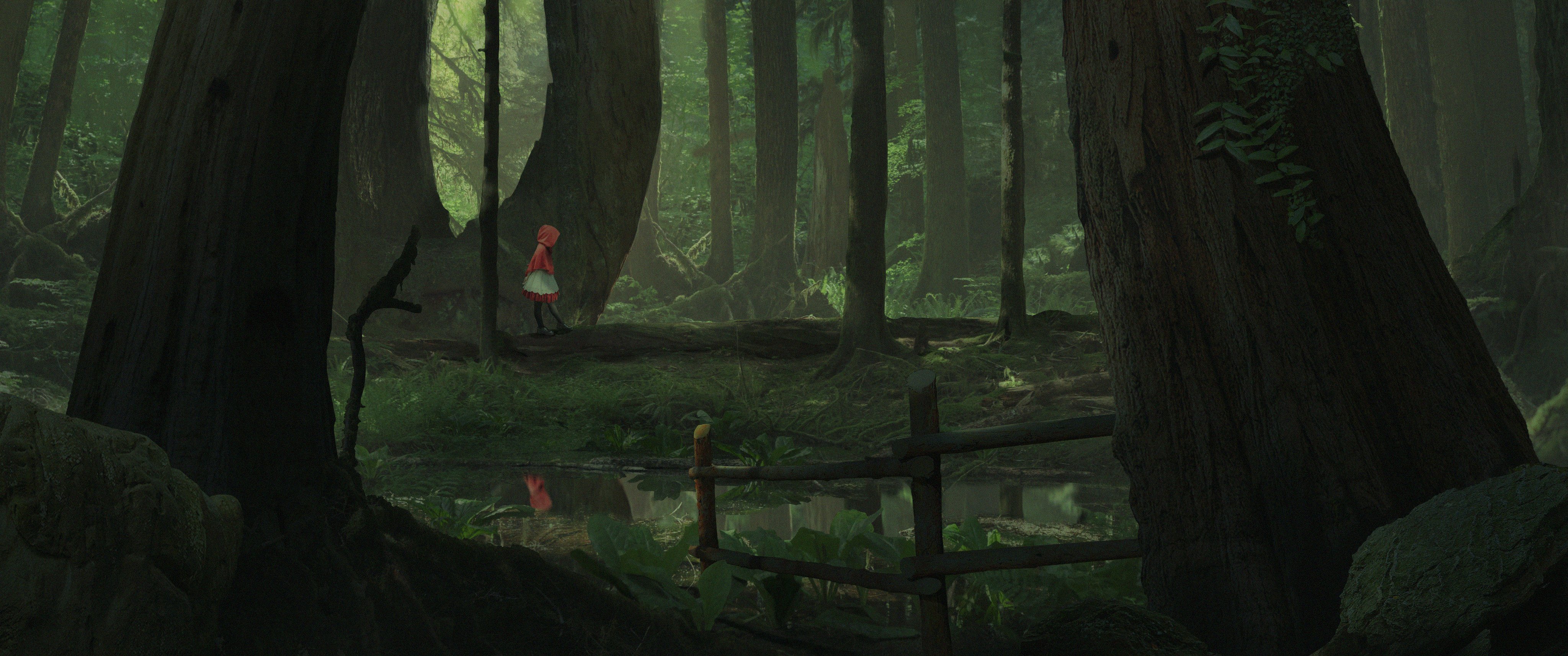 Photobash piece by Della Annabel showing Little Red Ridding Hood in a forest