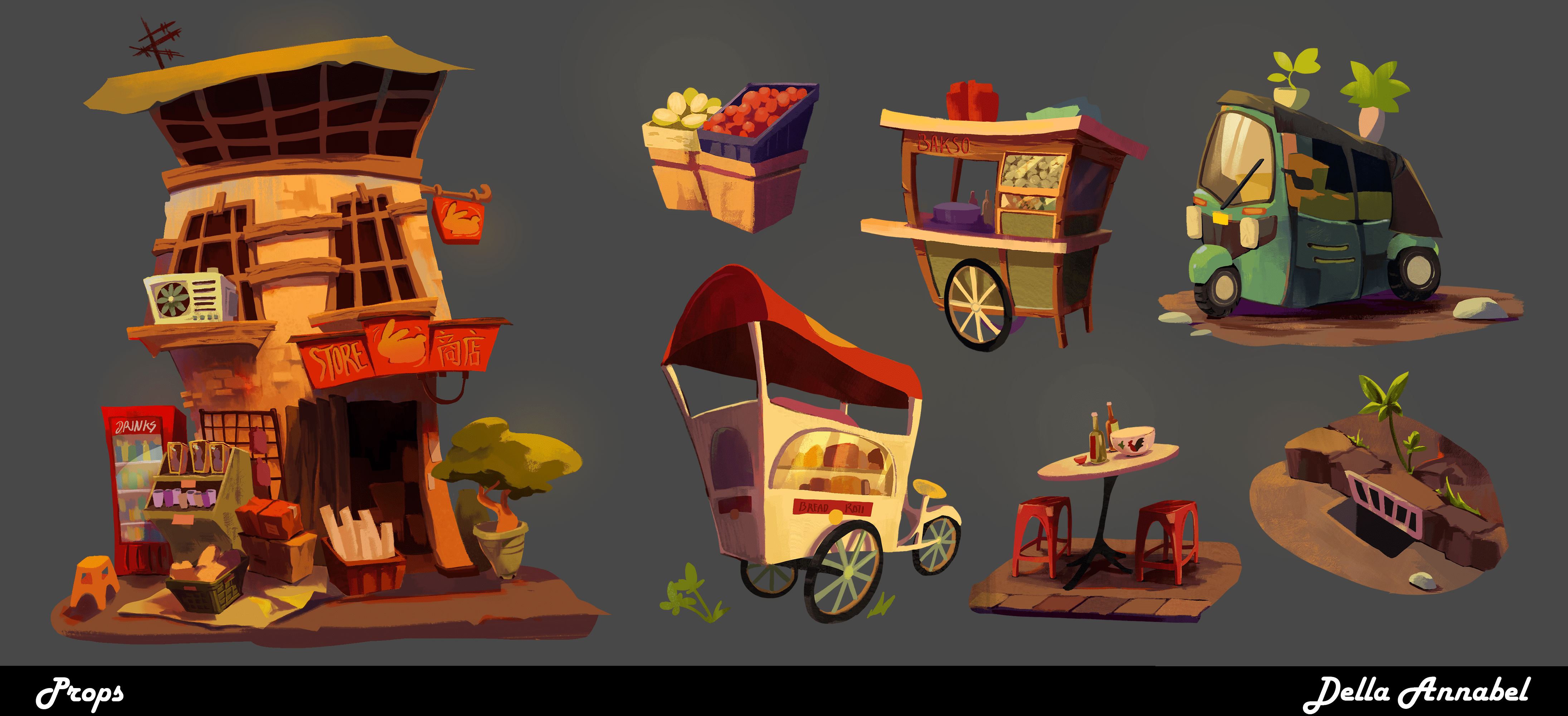 Stylized building and props by Della Annabel