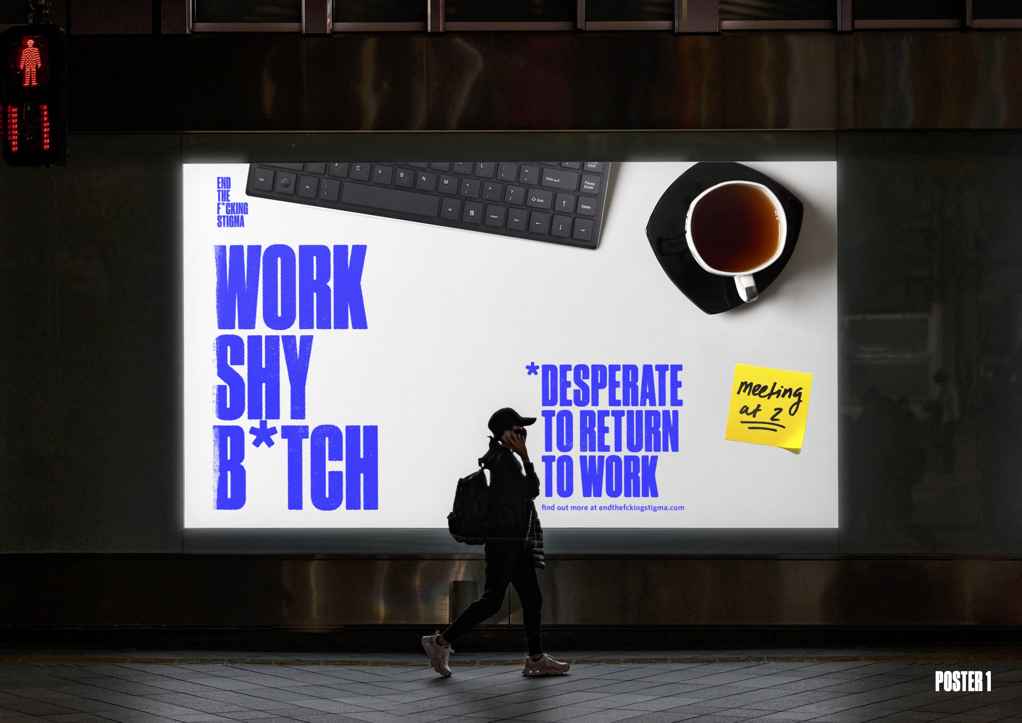 Billboard design for a campaign combatting CFS/M.E. Billboard features photo of keyboard and hot drink with large impactful type over the top.