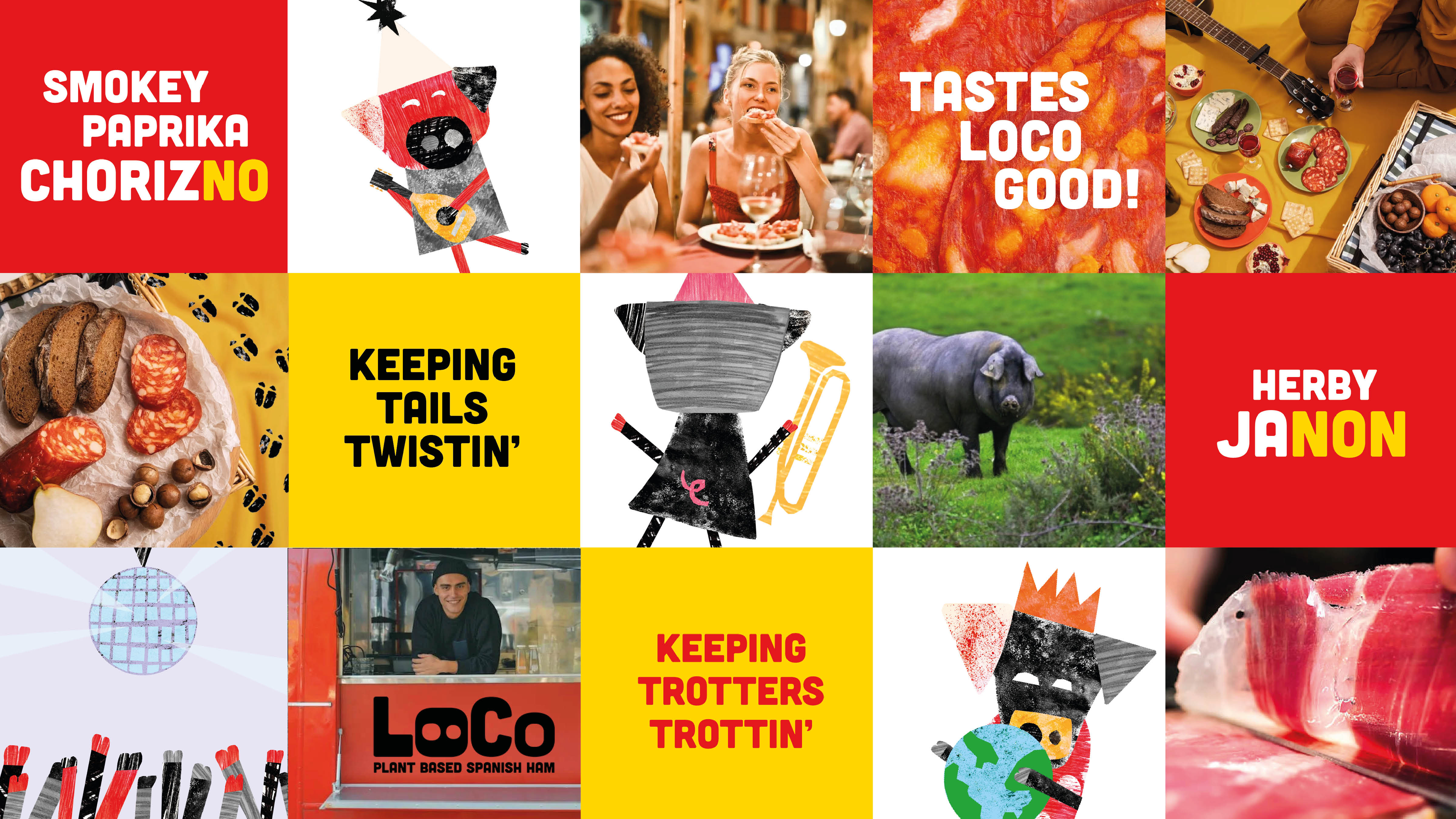 Brand world instagram tiles for visual identity of Loco, a plant based Spanish ham brand.