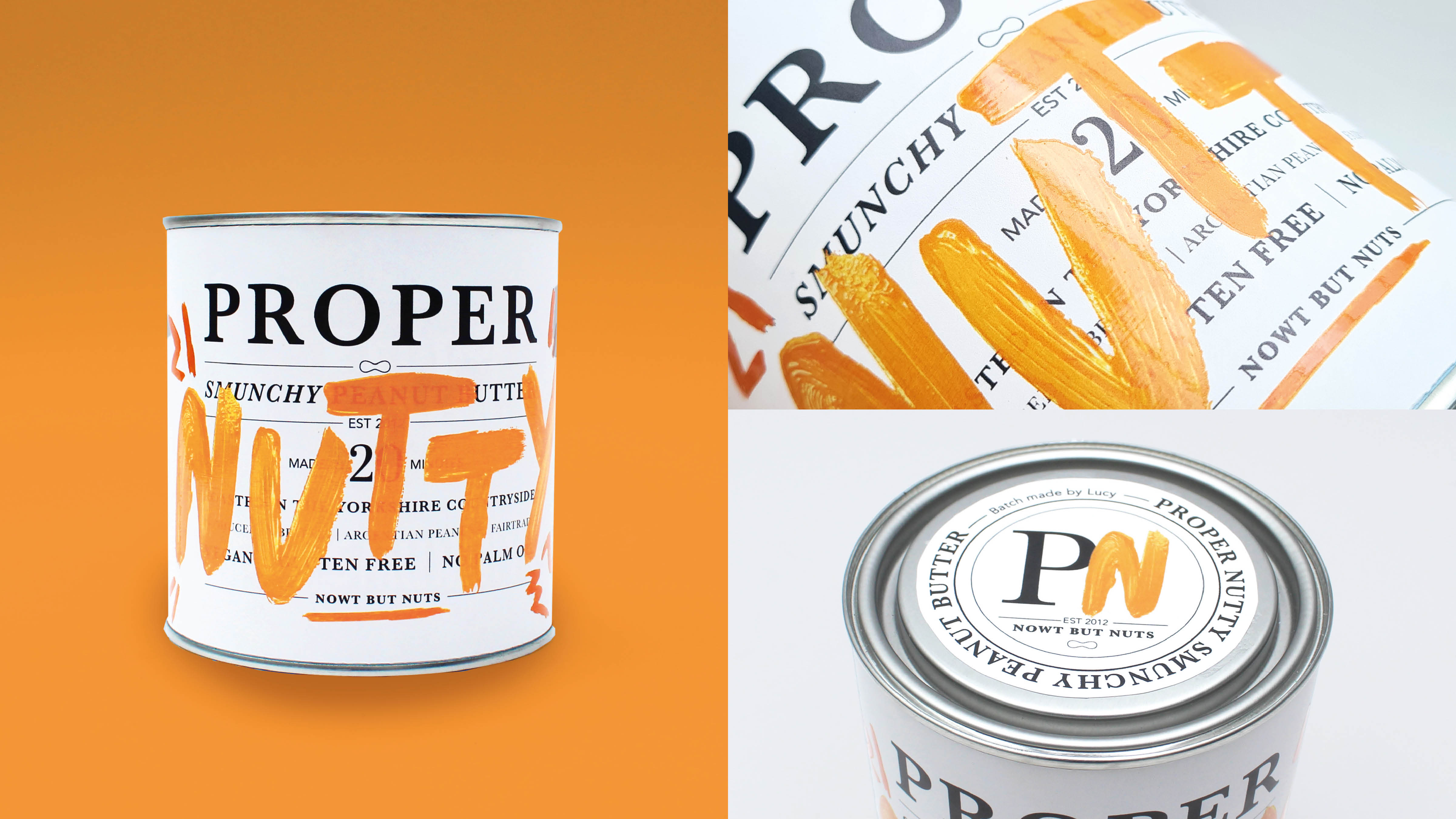 Three images showing tin of peanut butter with contrasting typography.