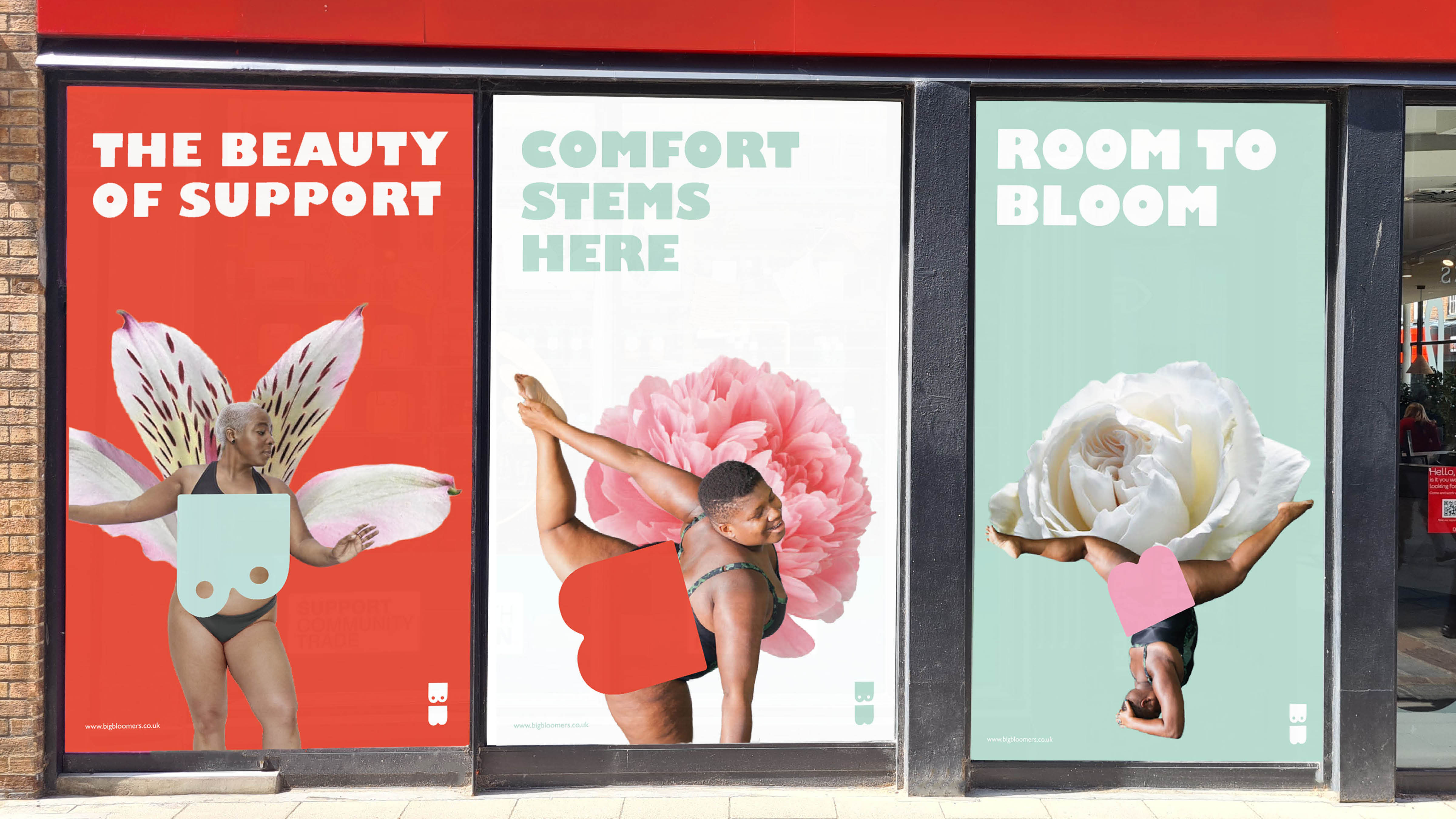 Trio of posters showing lingerie models and chunky typography.