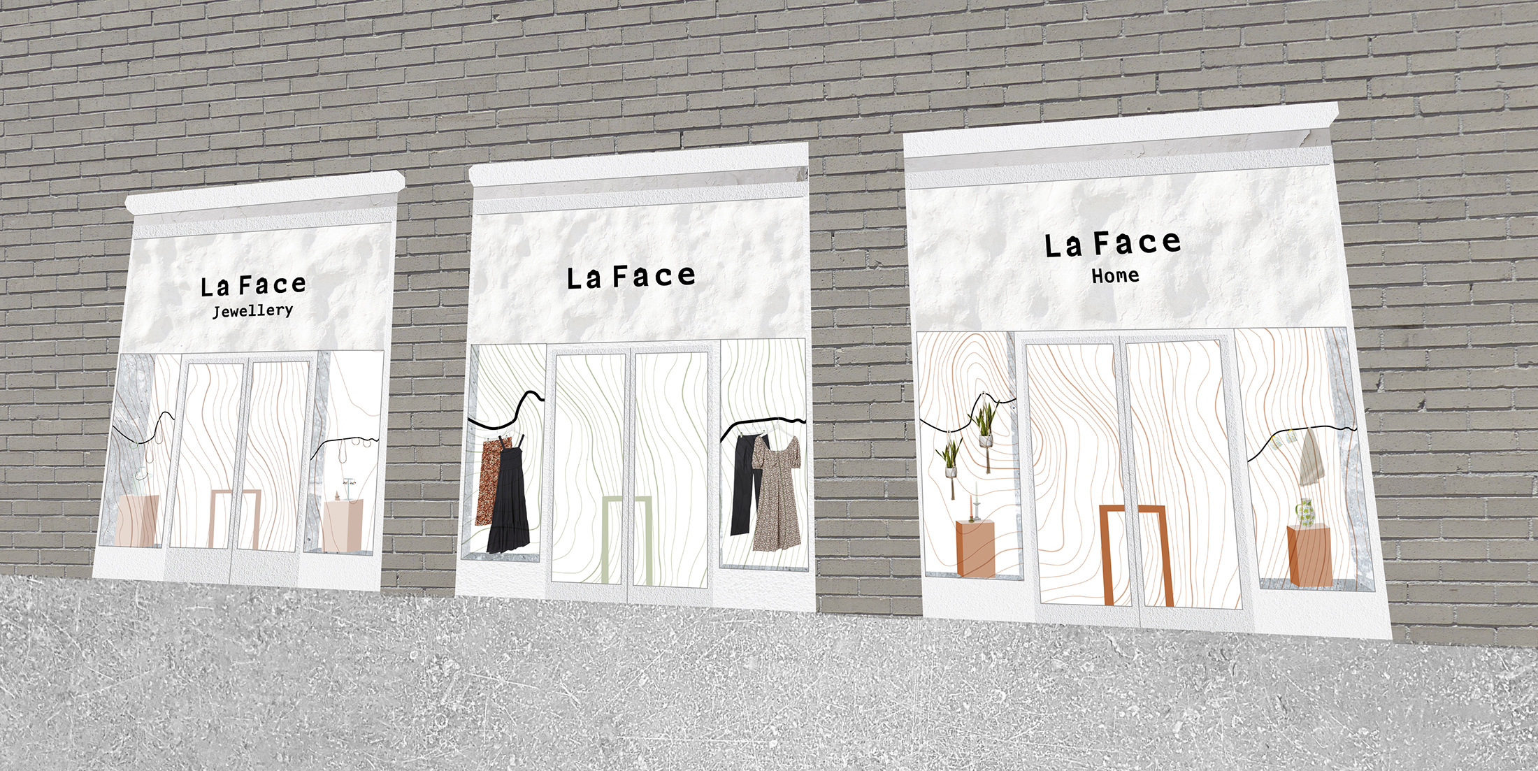 Store-front mock-up by Eleanor Whitwell showing clothing, jewellery and homeware shops.