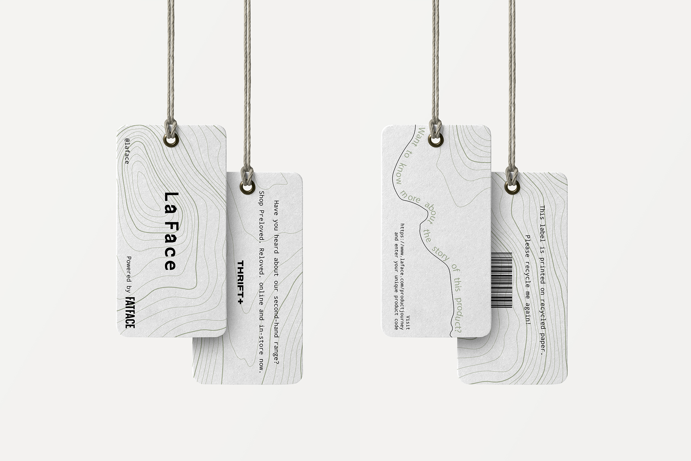Swing tag design by Eleanor Whitwell with minimal design and contour lines.