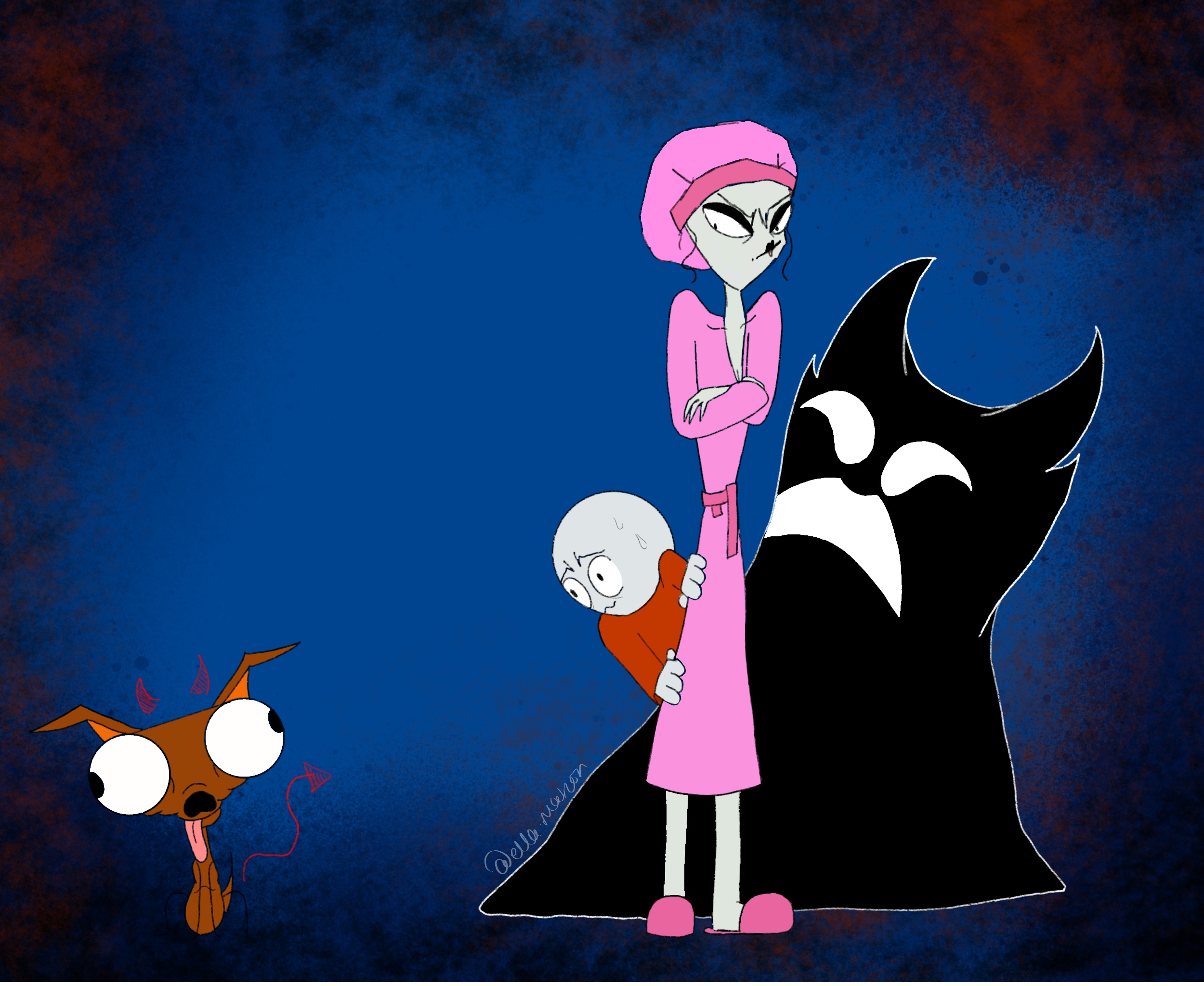 A drawing of a cartoon family that includes a young boy, mother, a shadow figure and a dog.