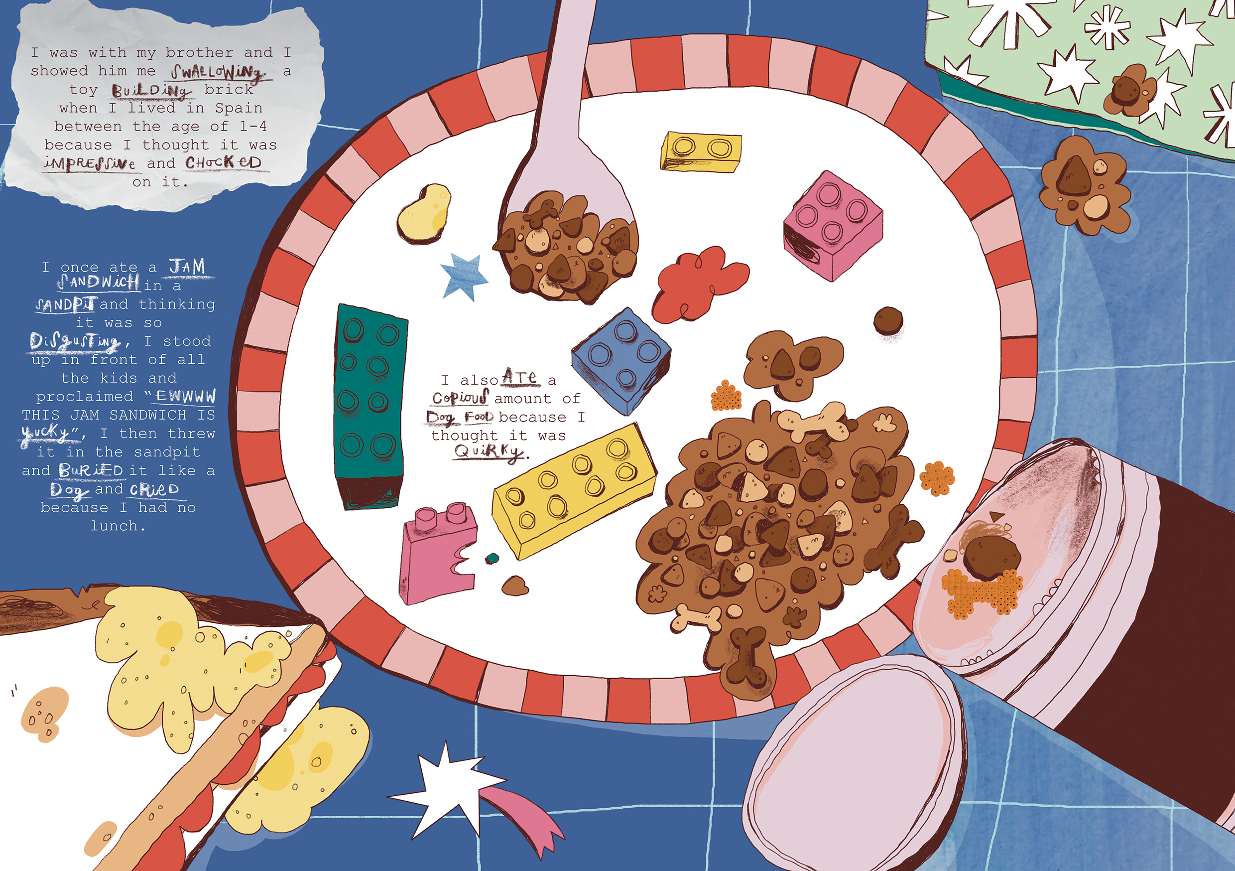 A mixed media illustration of a plate filled with interesting snacks including a sand covered jam sandwich, dog food, and lego bricks