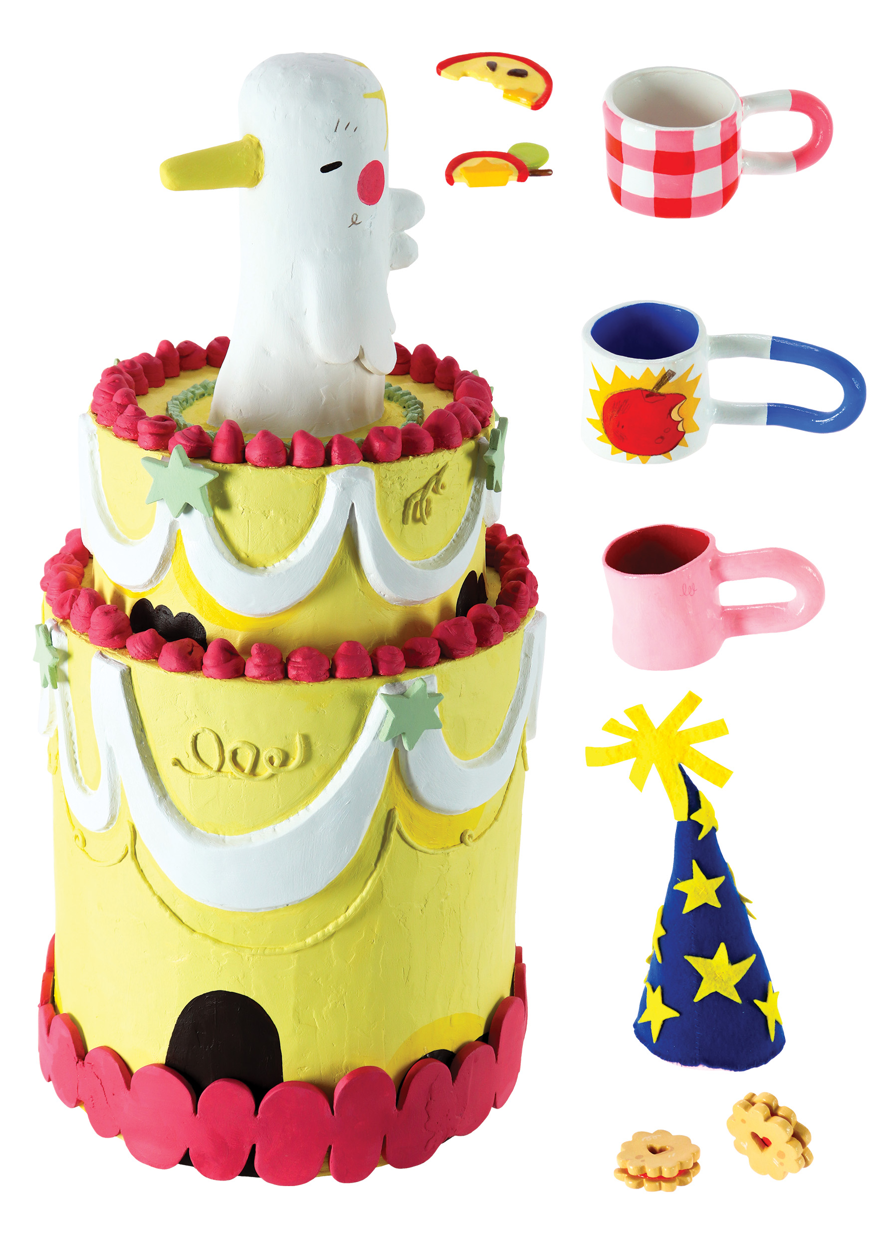 A large 3D duck birthday cake accompanied by ceramic mugs, fruit, and biscuits, and a felt party hat.