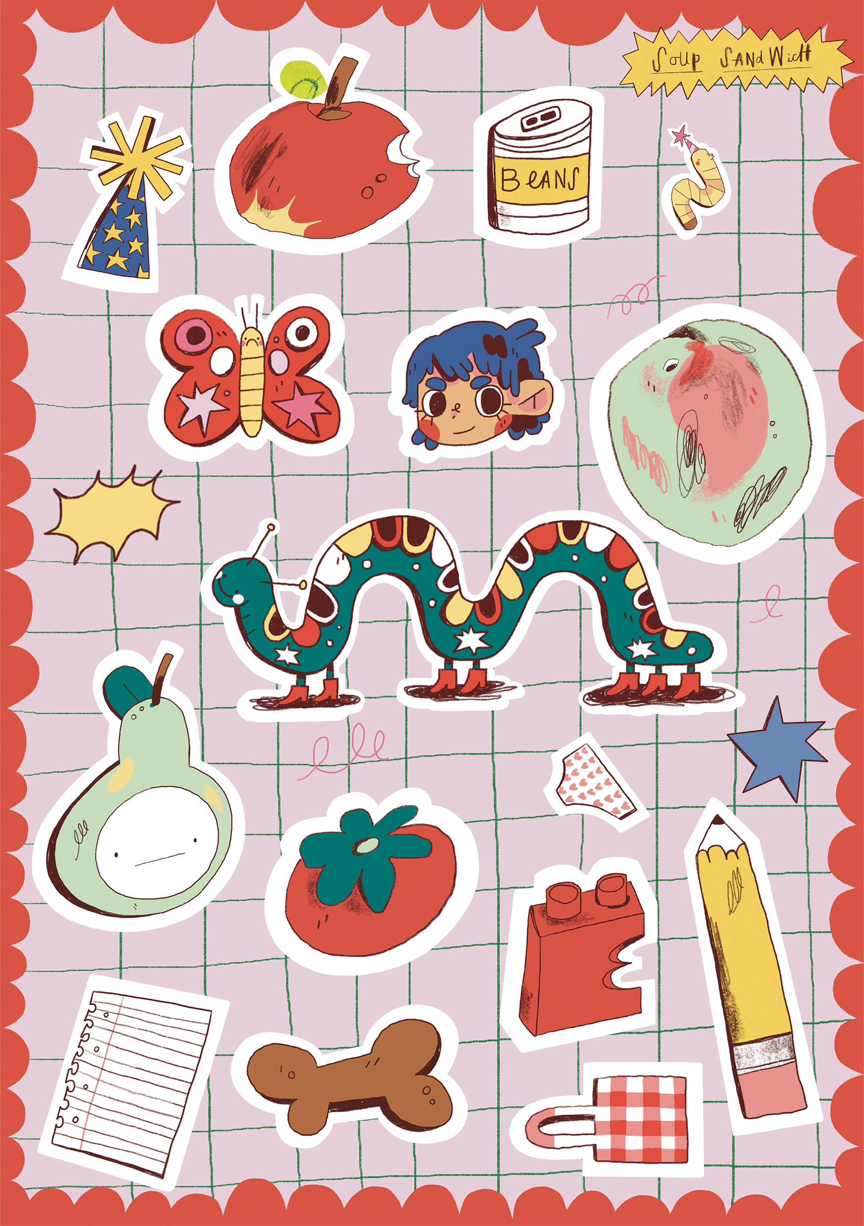 An A5 sticker sheet containing a collection of 16 illustrated objects, foods, and characters.