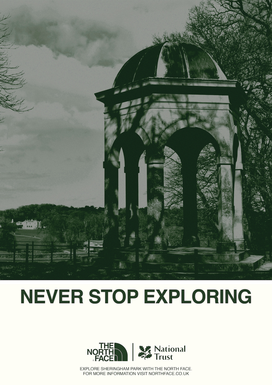 Poster design by Elle Hart, featuring Sheringham Park and the copy ' Never Stop Exploring'