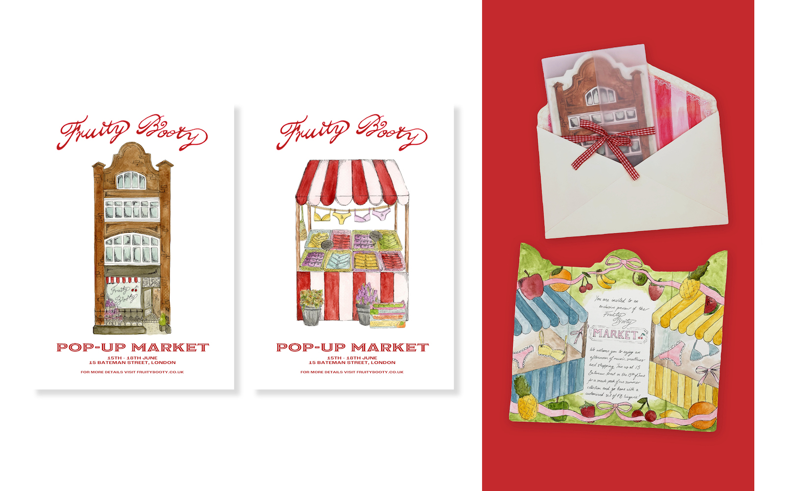 Posters and invitations designed by Elle Hart, both assets are illustrated using watercolour.