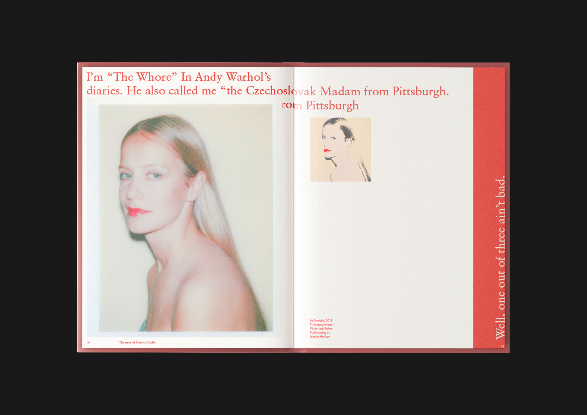 Warhol Women book proposal: Captivating story of Majorie Copley, an Andy Warhol muse. Opening spread sets tone for exploration of intriguing tales.