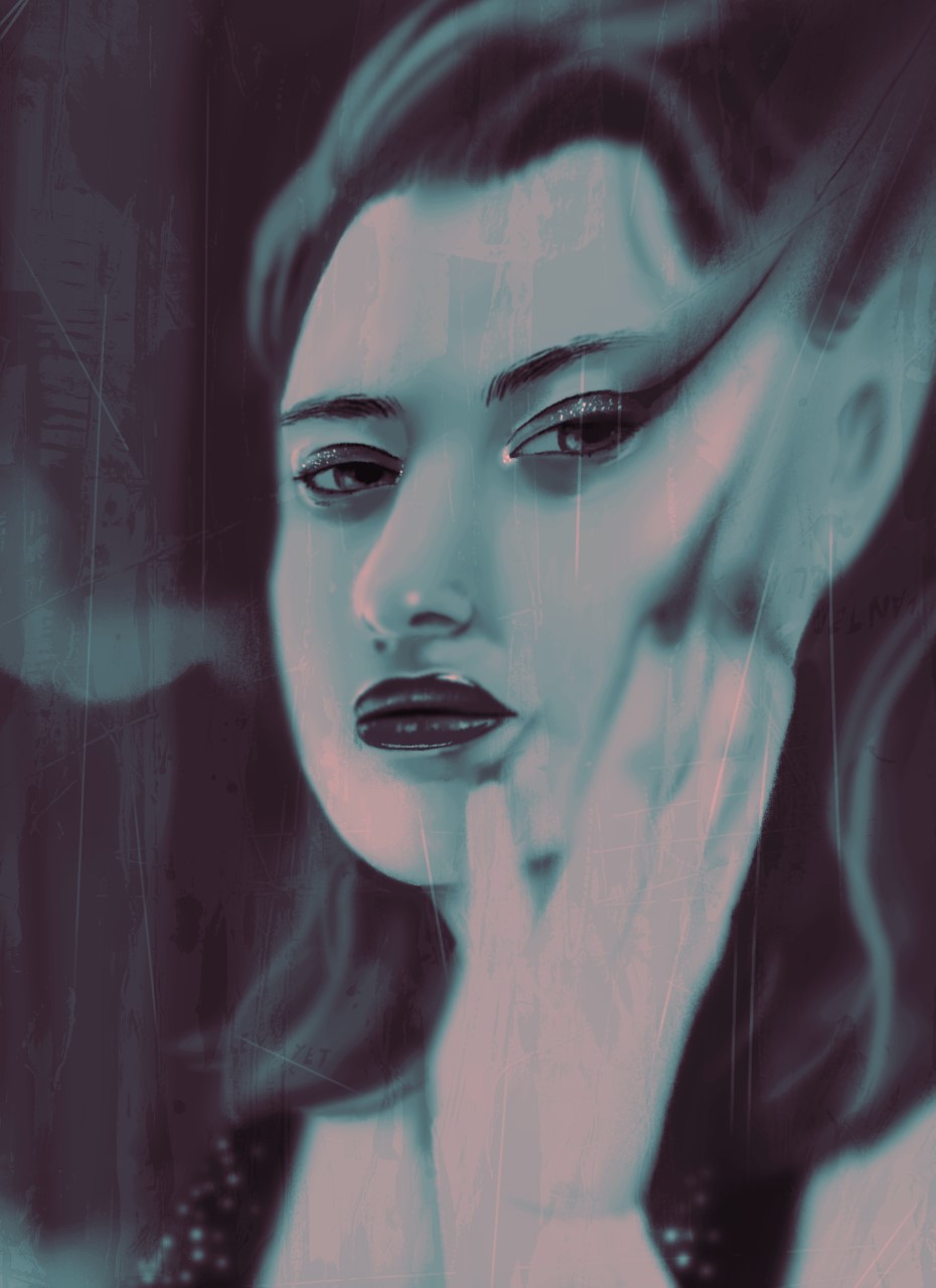 A Dreamy Queer Glamour Noir portrait Illustration work by Ellis Darke (illustrating under the pseudonym 'Jay Addley') showing a layered portrait.