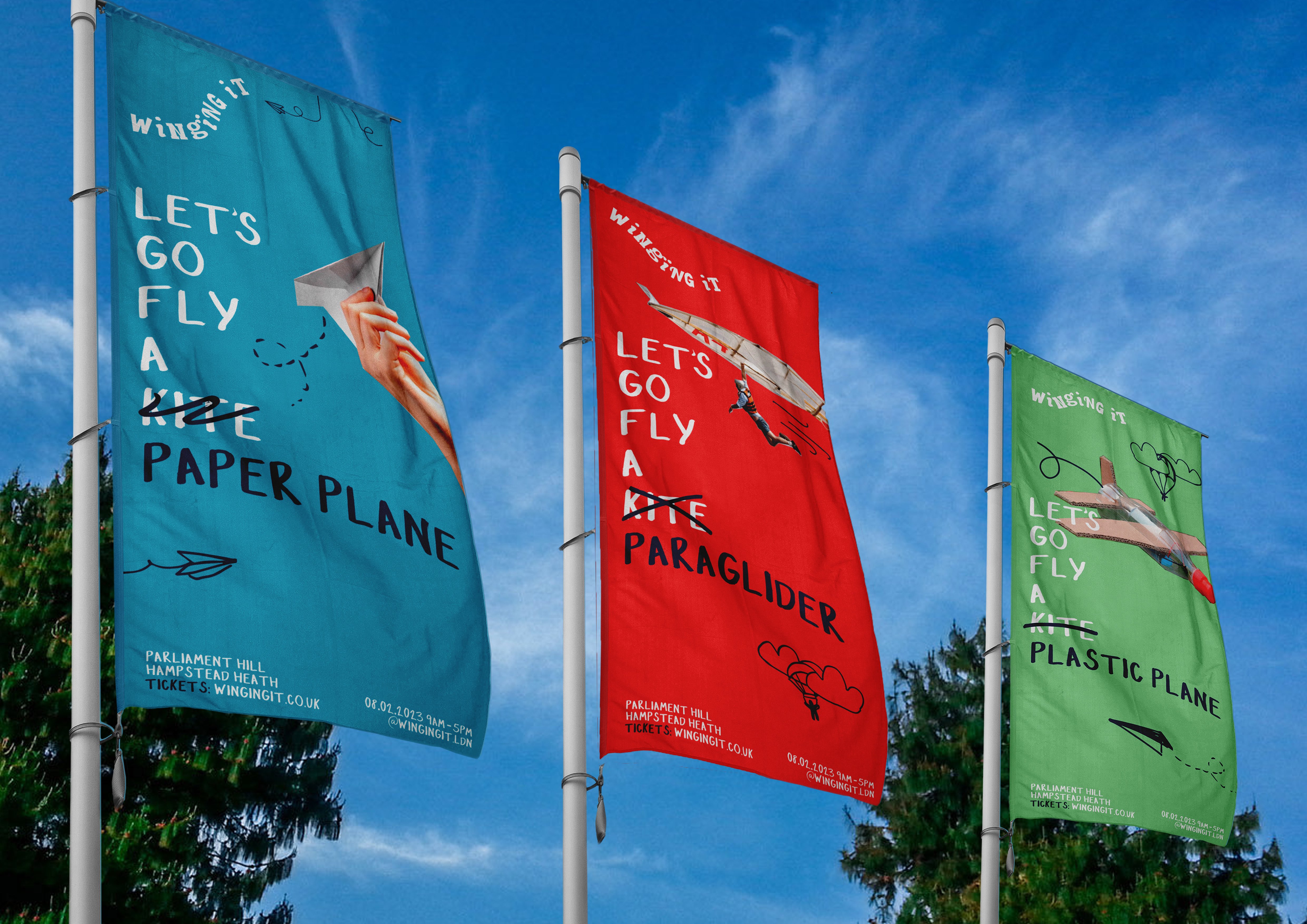 Three flag banners displaying different items that could be flown at winging it, using bright colours, illustration, and the event tagline.