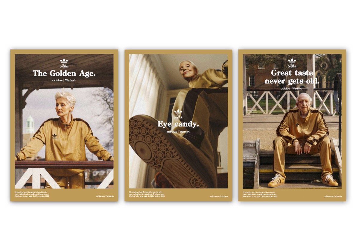 Three posters presenting older people in golden Adidas tracksuits inspired by the colours of Werther's. They present clever copy such as 'Eye Candy', blending together the two brands.