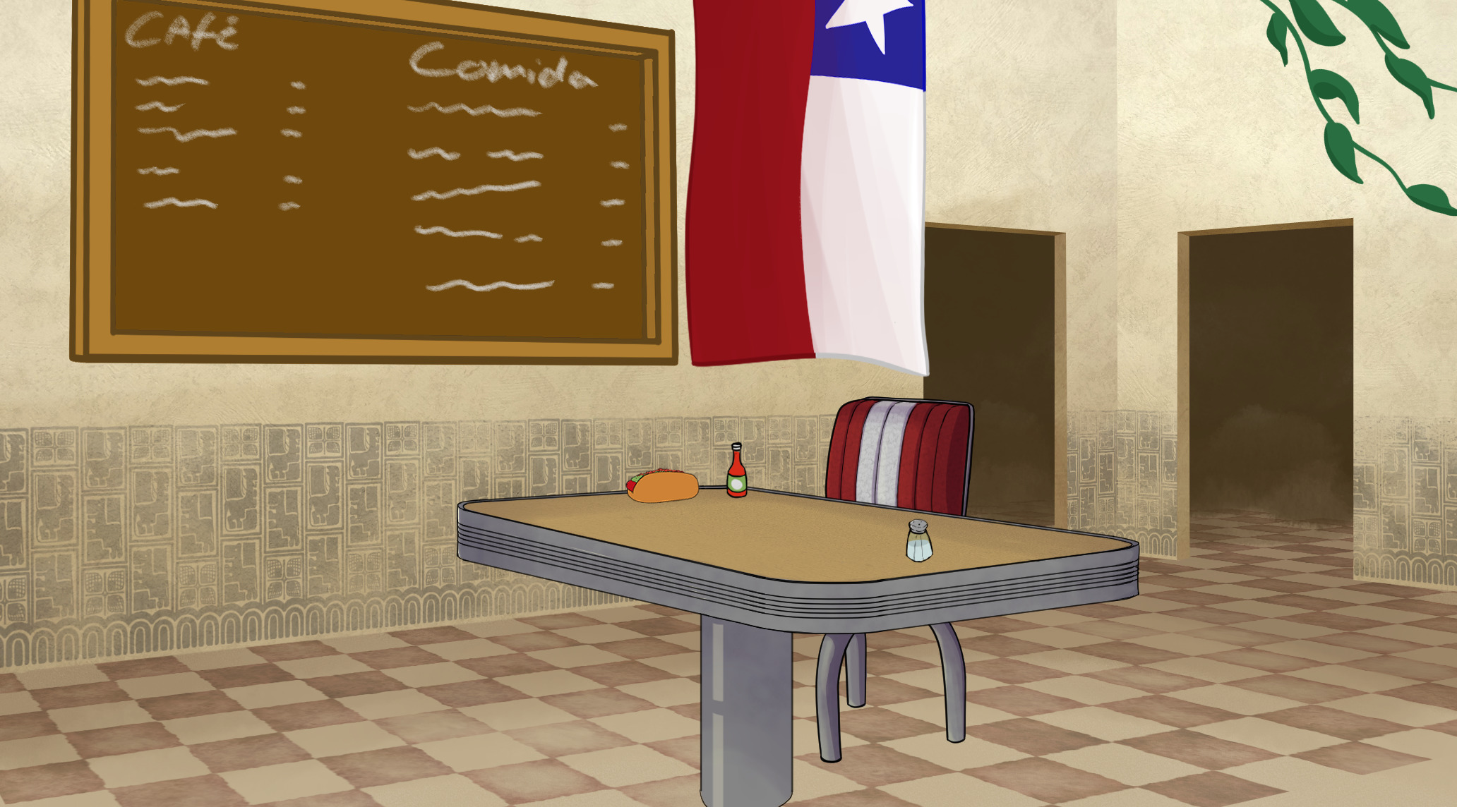 Background painting depicting a Chilean restaurant by Emilia Frederiksen.