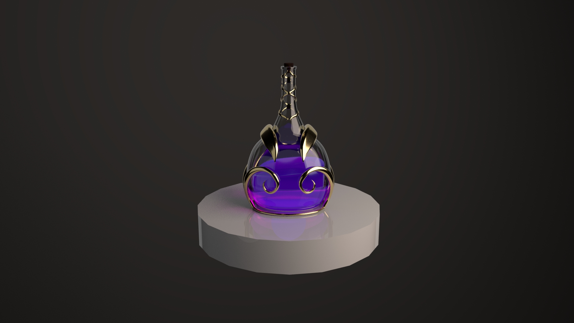 A turnaround render of a 3D modelled glass bottle with a purple potion inside. Created using Maya by Emilia Frederiksen.