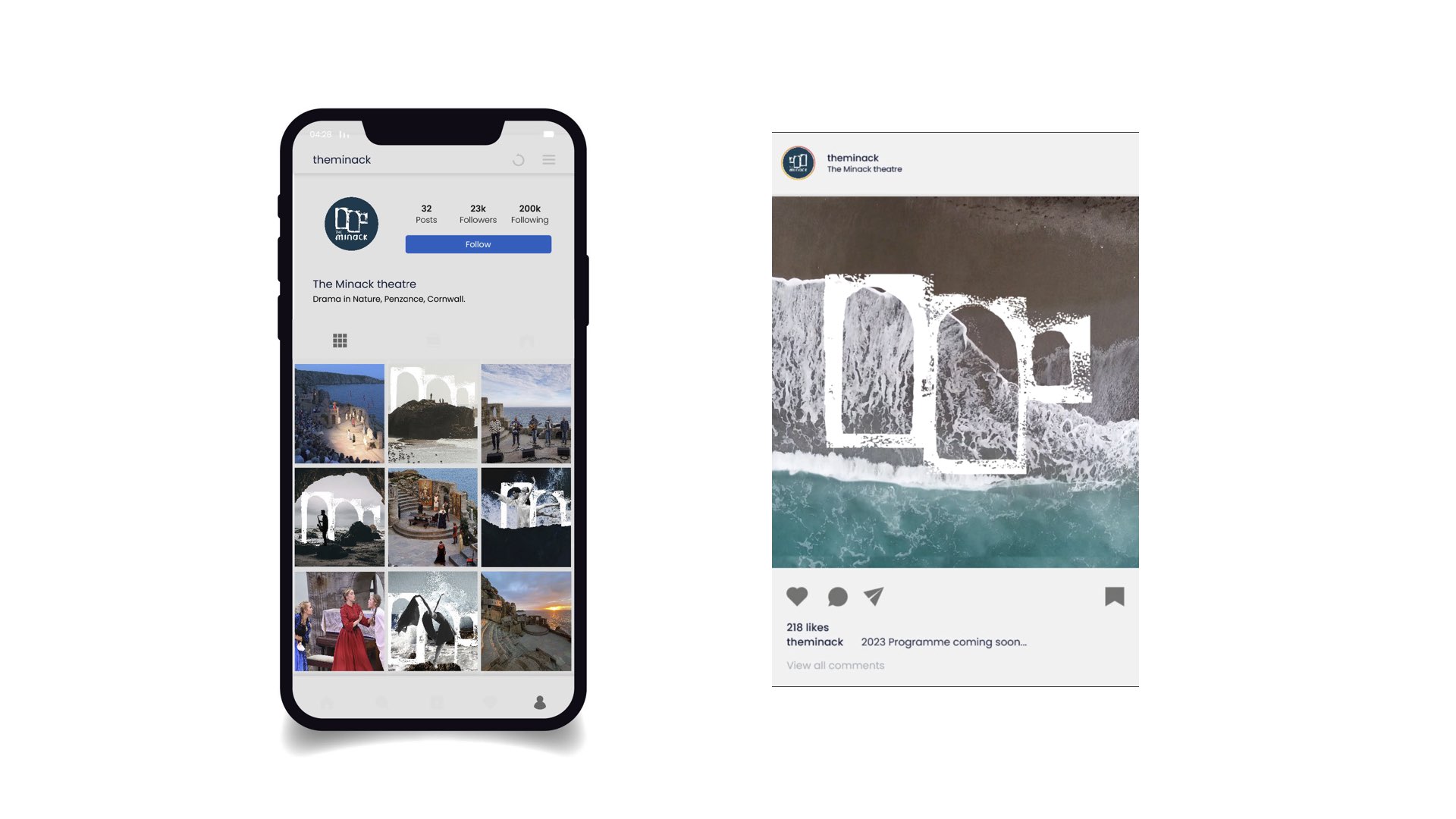Instagram utilising the arches logo with Cornish coast imagery and acts performing. There is also an animated GIF instagram post which shows a wave covering the logo. By Emily Blaxill.