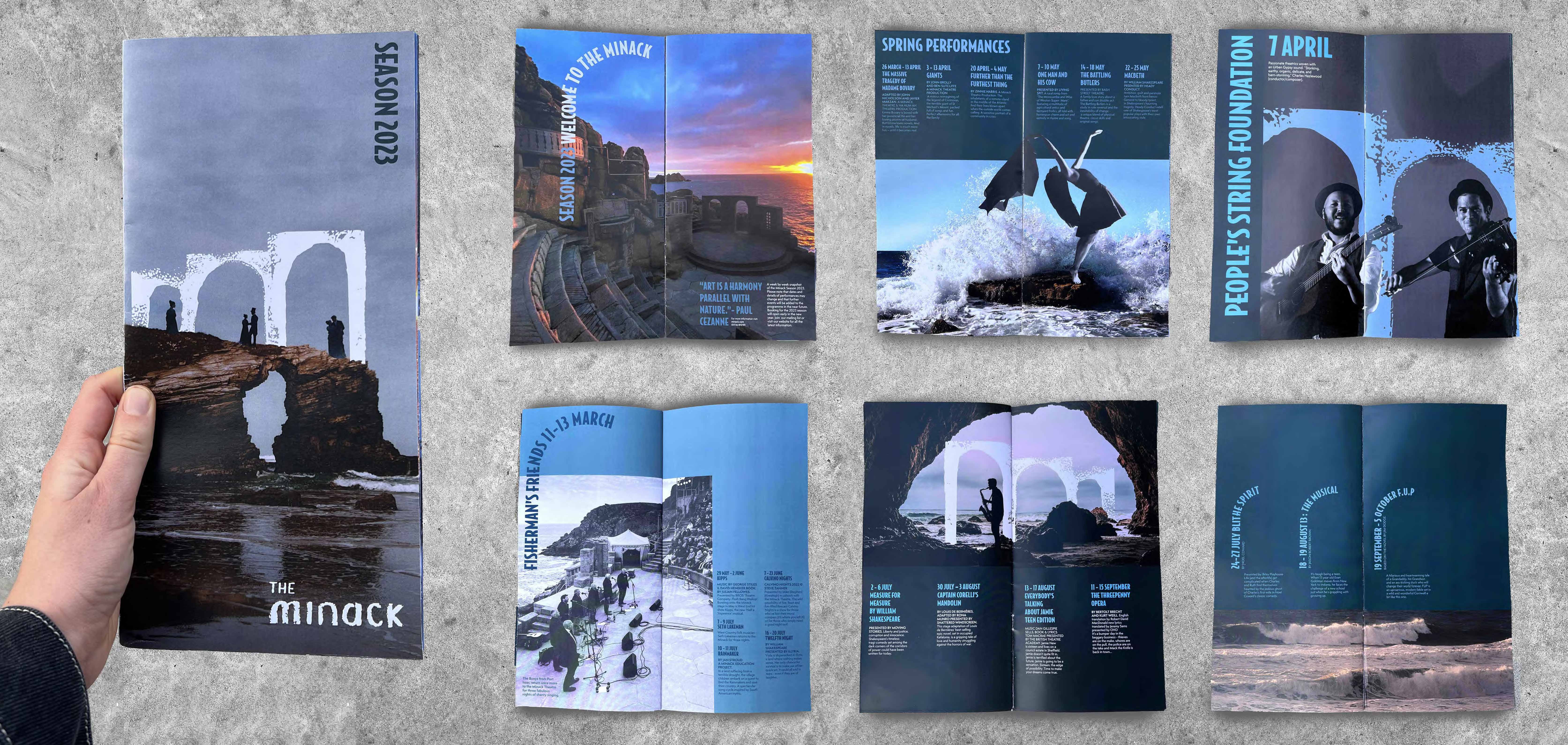 Theatre programme utilising the logo arches with text and images of the Cornish coast. By Emily Blaxill.