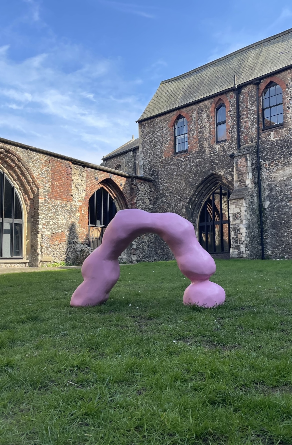 sculpture by Emily Bradford, showing a large scale pink sculpture outside.