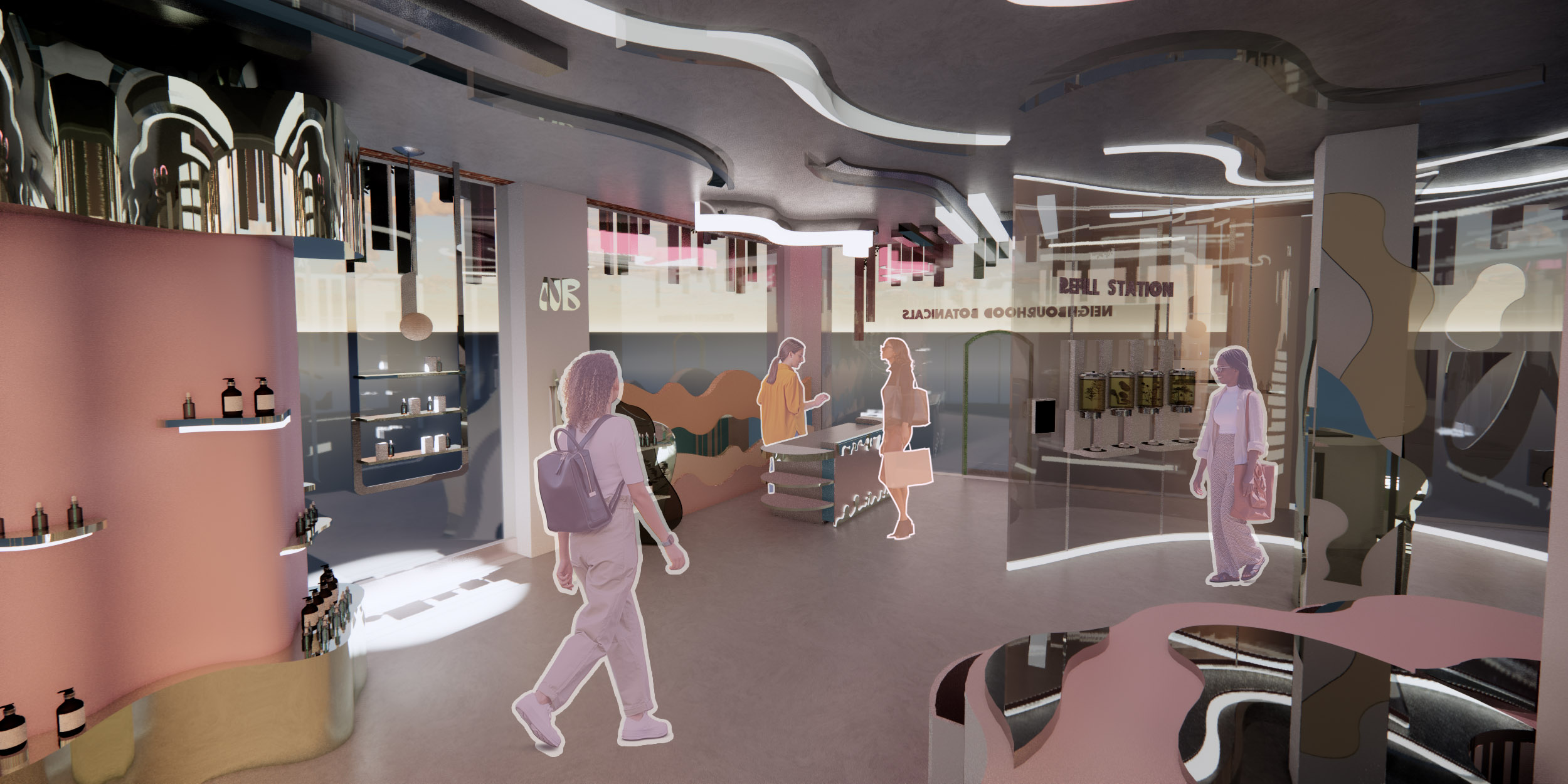 Interior space showing ground floor render of shop by Emily Day. Space has lots of curves in walls and lighting and dusty pink colouring.