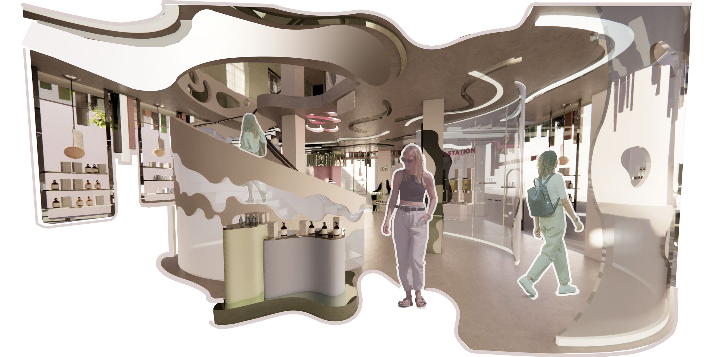 Another interor shop render showing circcular staircase in centre with waved pattern on, curved clear walls breaking up the space and the colours neutral.
