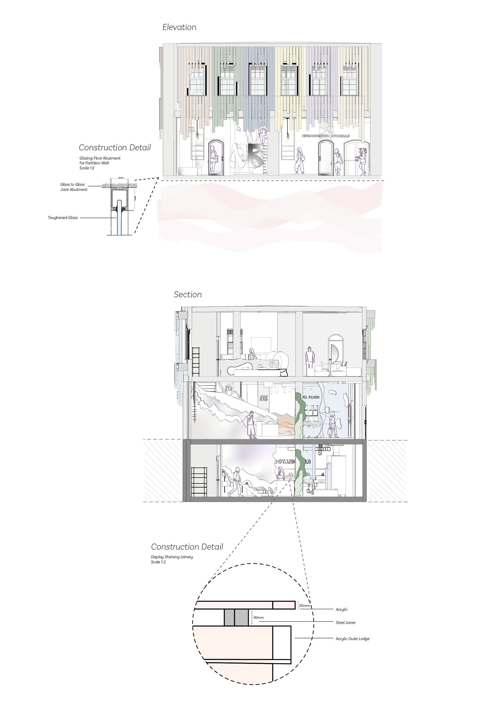Elevation and Sections renders of the shop that include construction diagrams by Emily Day