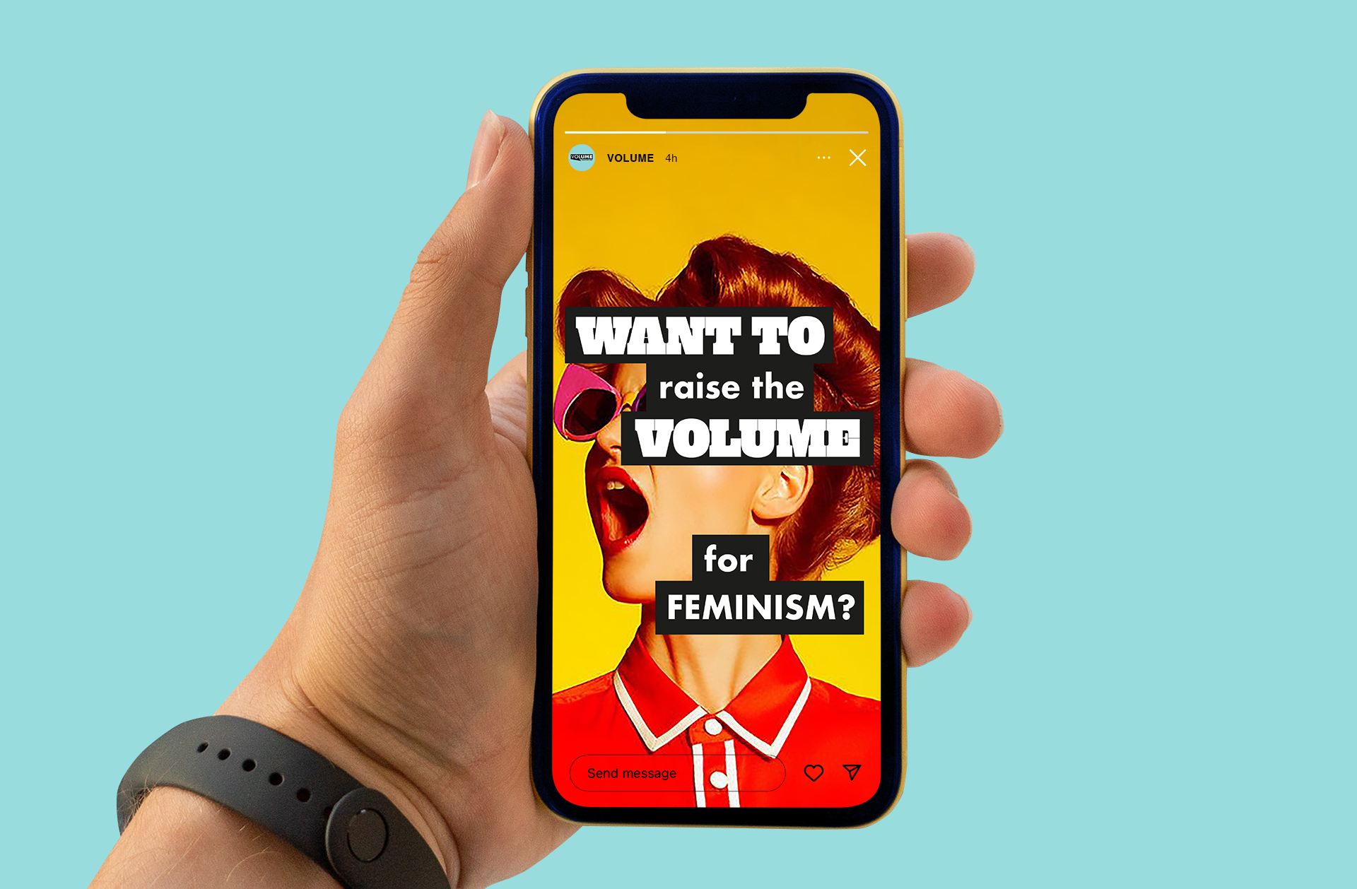 App design by Emily Morris showing a phone in a hand asking the user to raise the volume for feminism with their hair and join a VOLUME level points scheme.