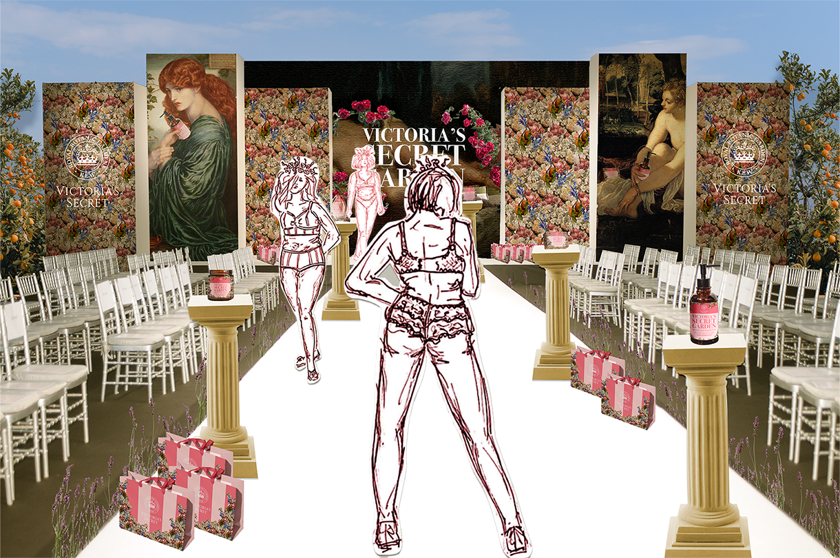 Catwalk event design by Emily Morris and Estelle Knowles showing the opening event for a collaboration between Kew Gardens and Victoria Secret. Sketches of people on a cat walk collaged with half sizes pillars along the edges of the catwalk and reinaissance images on banners.