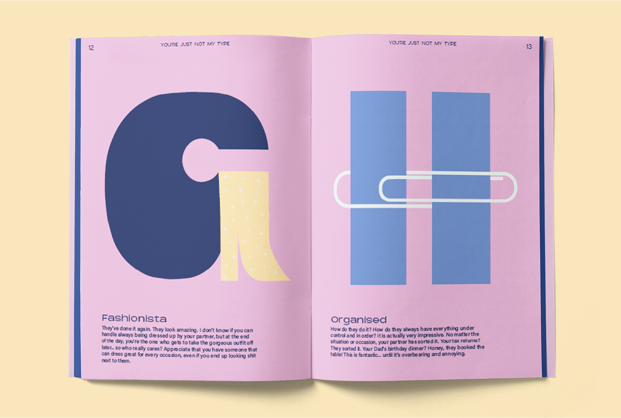 Illustrated book spread by Emily Parker showing the letters G and H as different personality traits