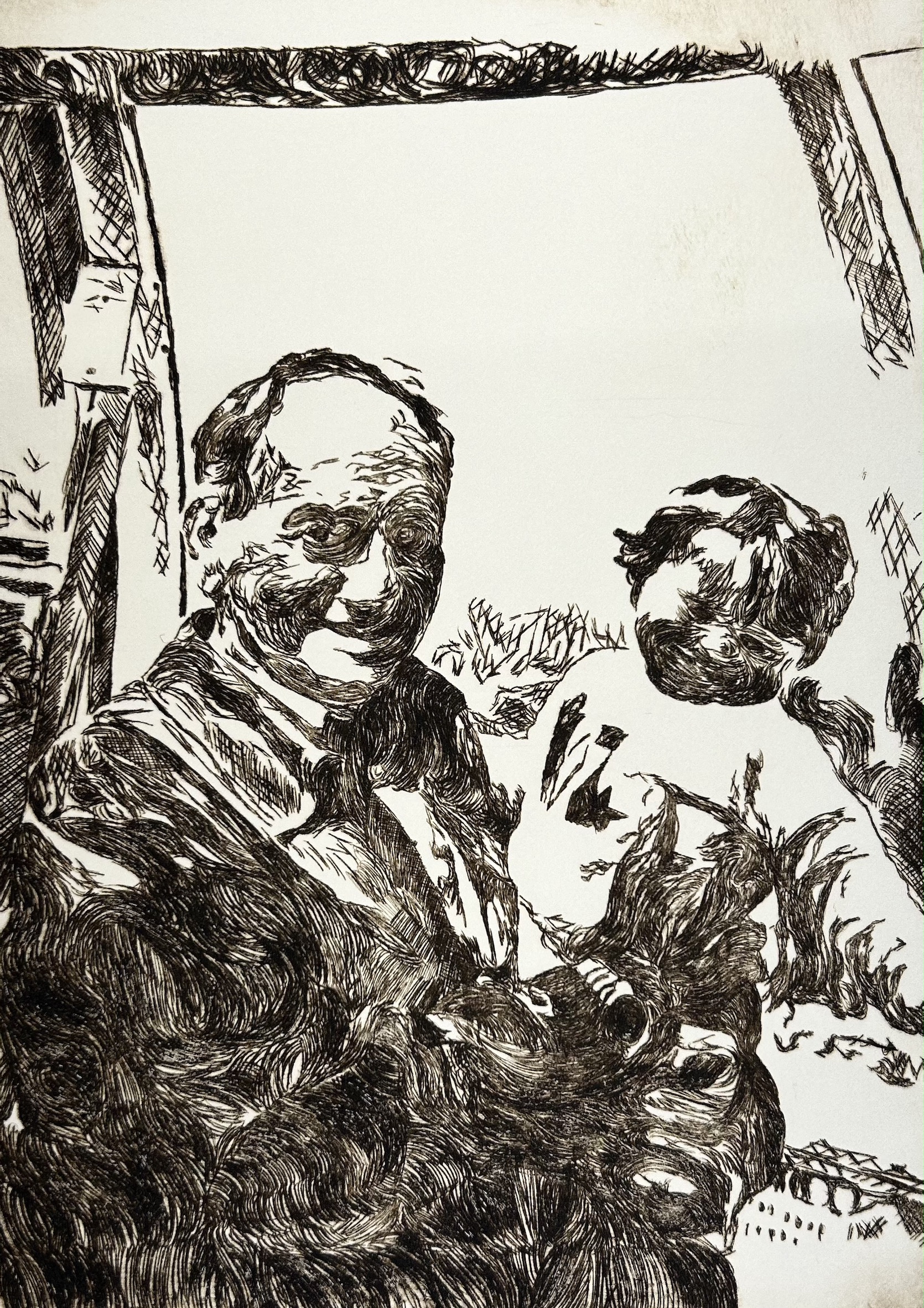 Fine Art work by Emma Bidwell showing an intricate drypoint print of her grandfather holding her younger self.