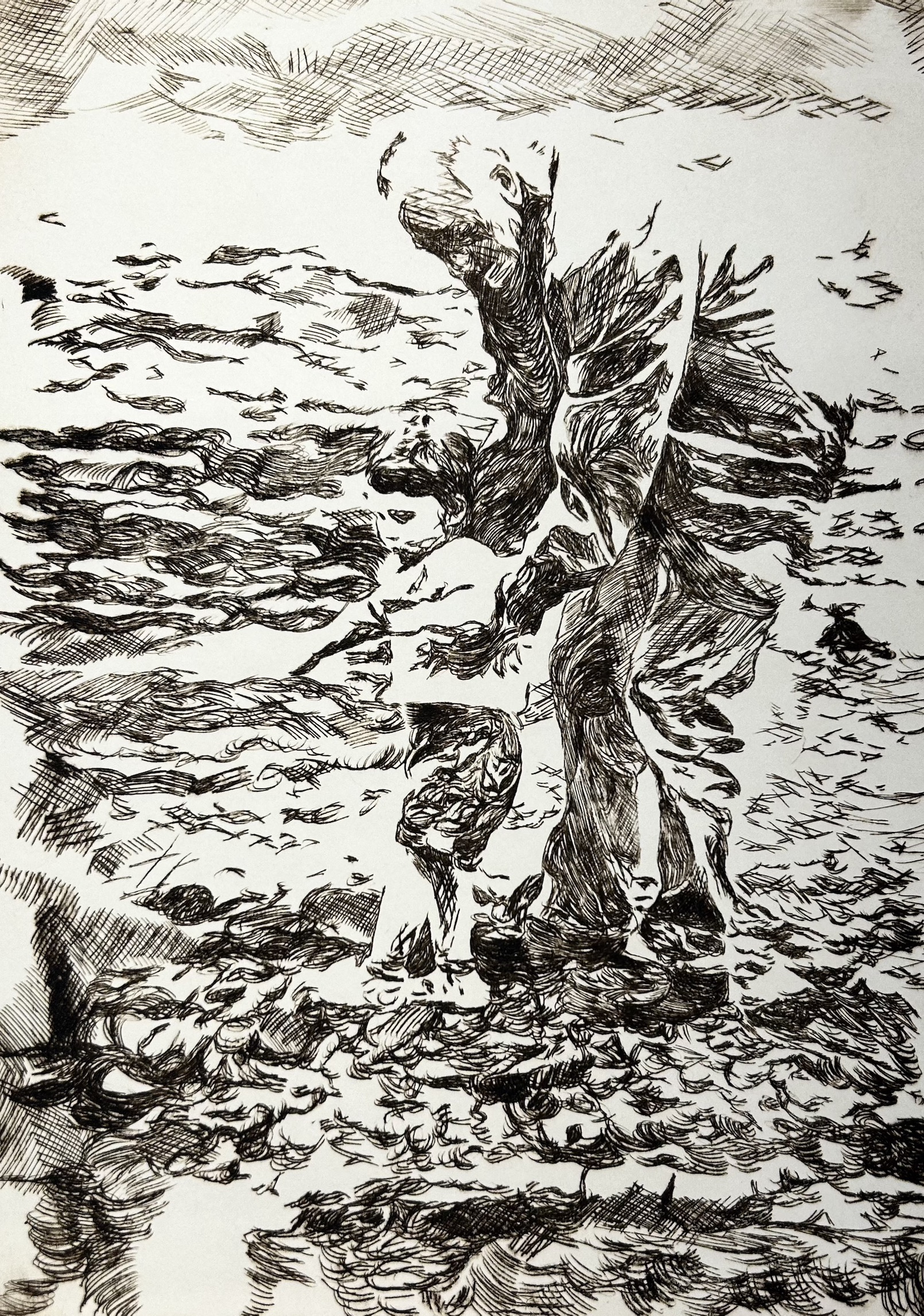 Fine Art work by Emma Bidwell showing an intricate intaglio print of herself and grandfather playing in the sand on the beach.