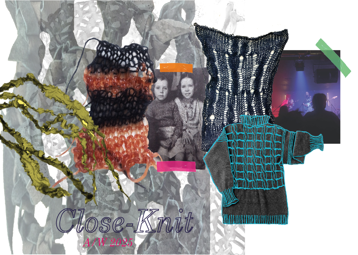 Concept board by Emma McGilloway using a combination of family photos, garments and crocheted fabric to show the inspiration for her collection.