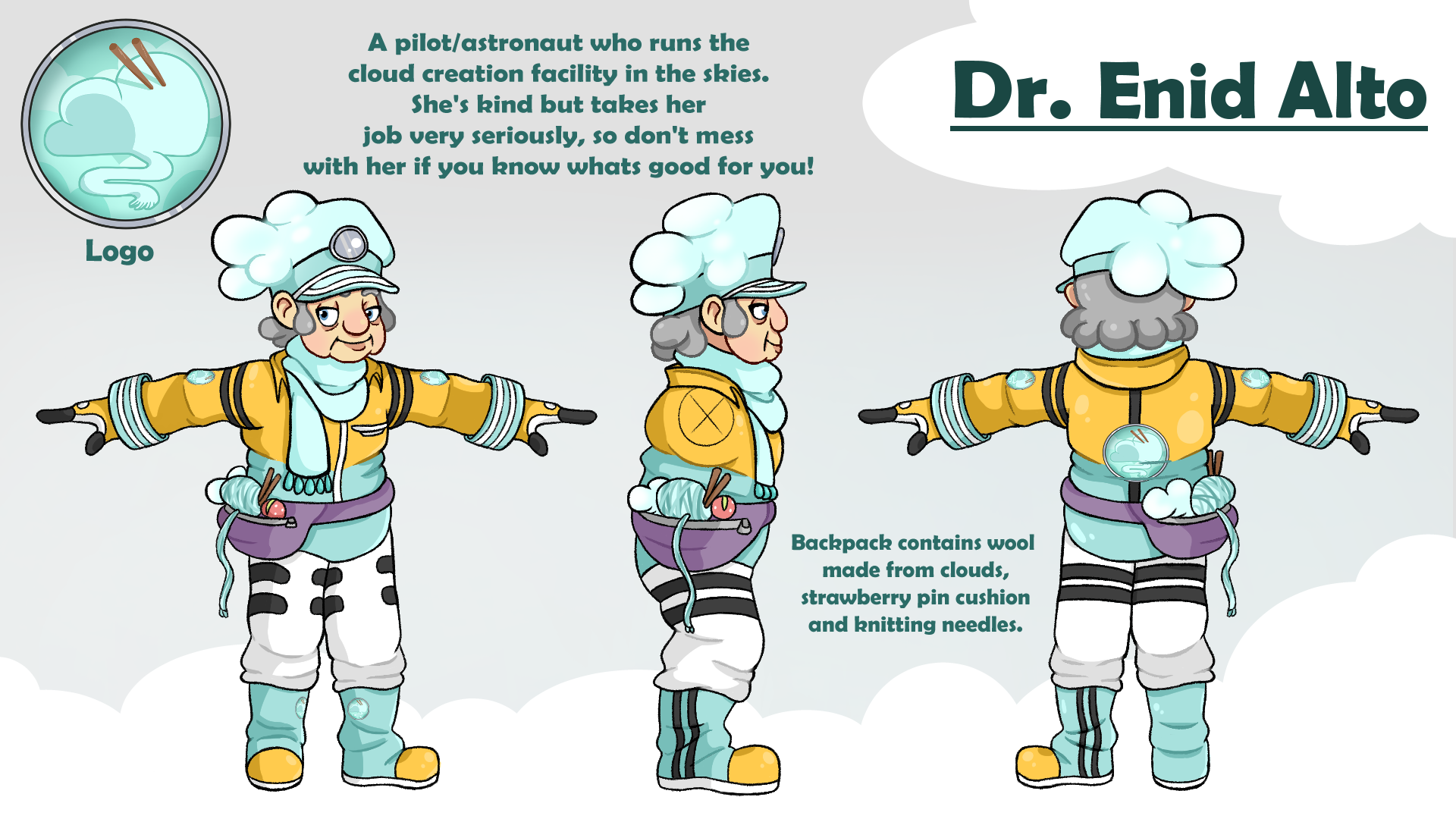A digitally drawn character turn around featuring an older woman dressed as a pilot in 3 different poses.