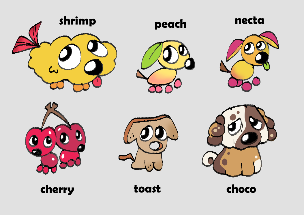 A small digitally drawn collection of dogs made out of different foods in bright colours.