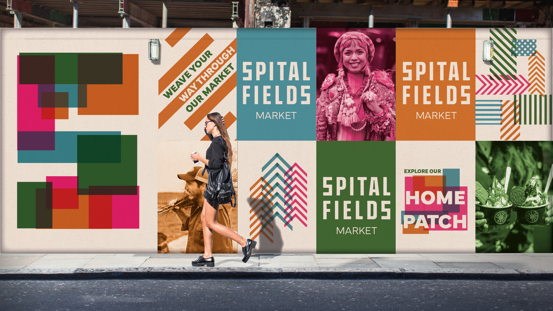 Colourful hoarding mock-up for Spitalfields Market.