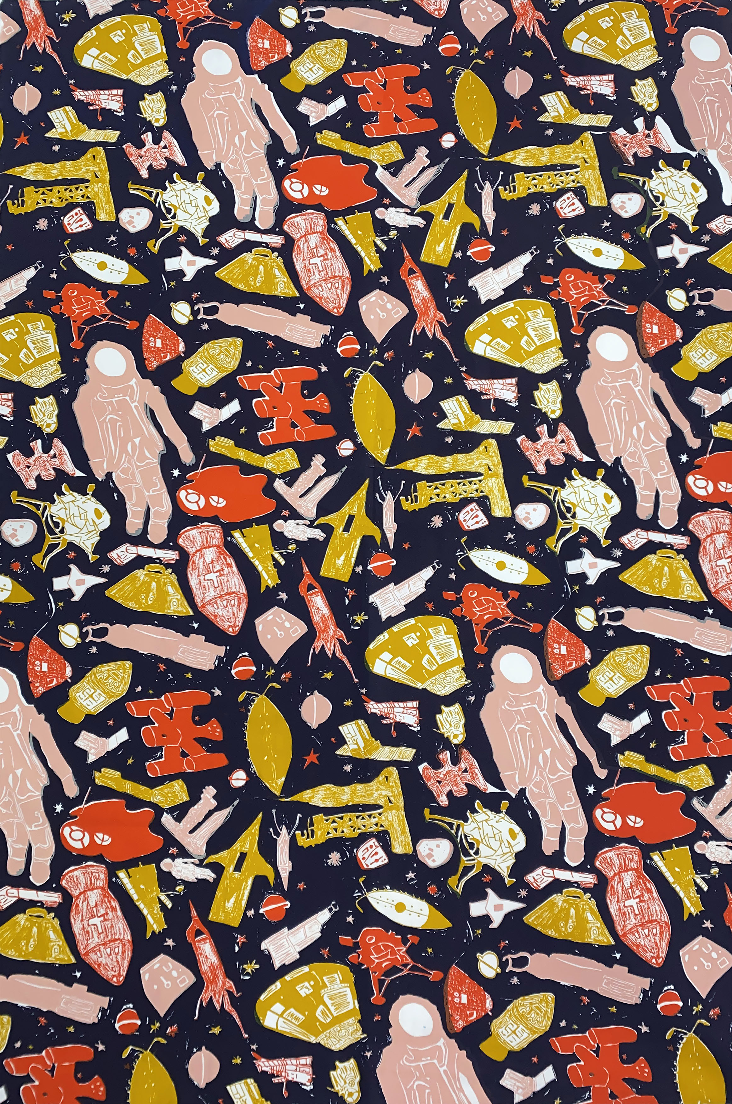 Final print design outcome by Emma Strudwick showing a colourful screen-printed textile pattern in a half-drop repeat.