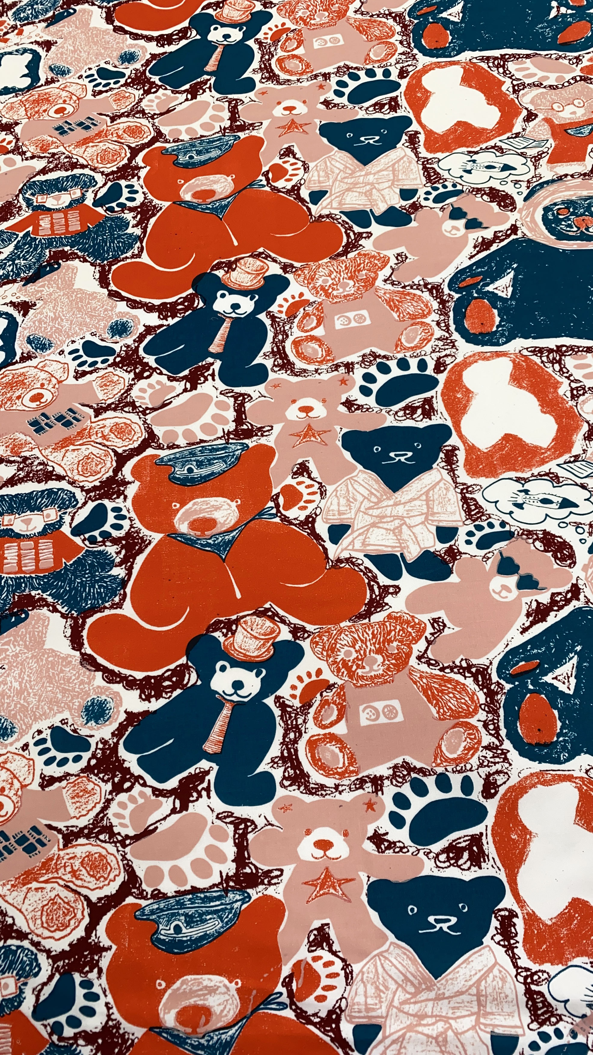 Final print design outcome by Emma Strudwick showing a colourful screen-printed pattern in a full-drop repeat.