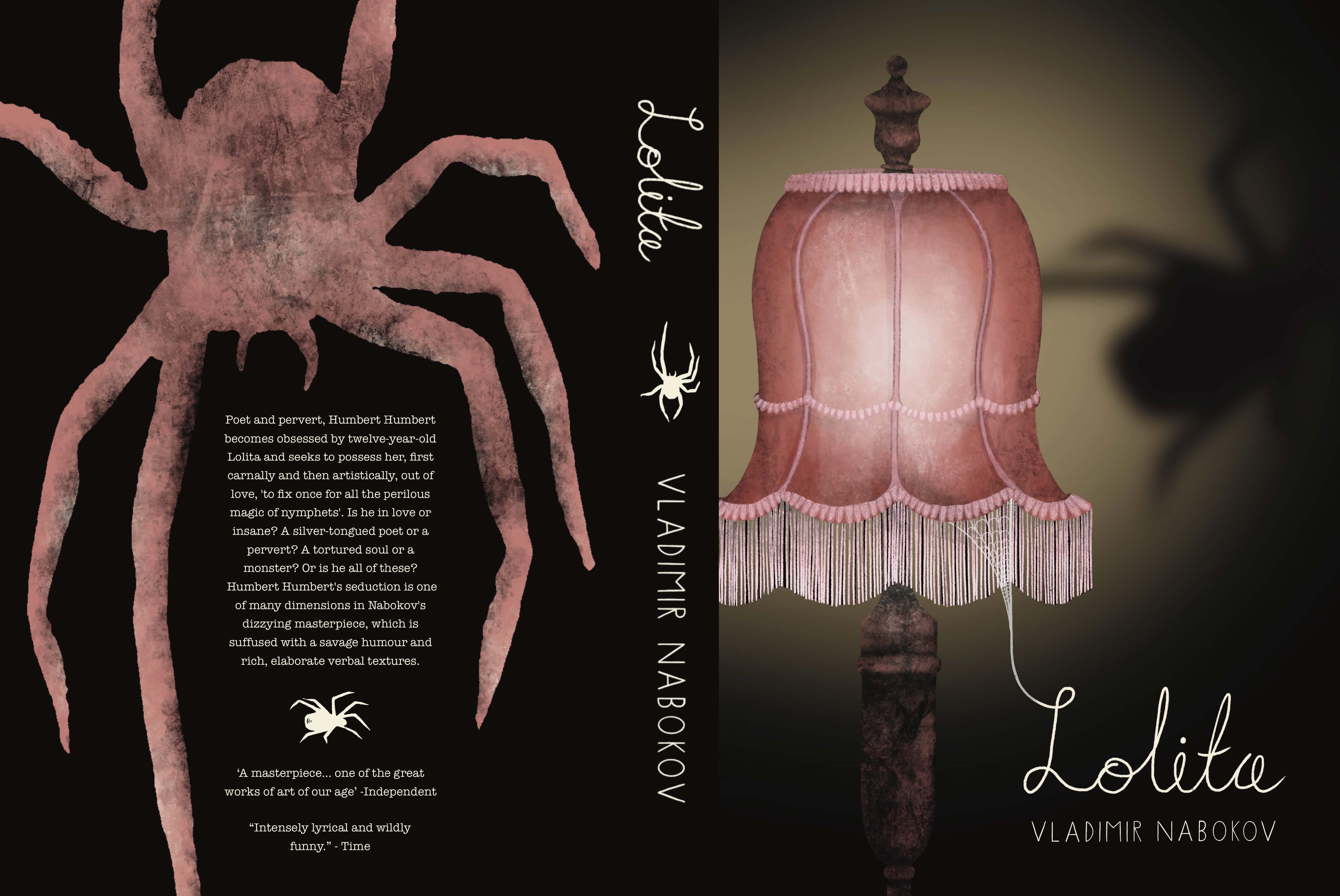 Book cover redesign of Vladimir Nabokov's, Lolita. Depicting a pink glowing lampshade, off centre, with a blurred spider silhouette, looming behind. Back cover includes a large pink textured spider shape.