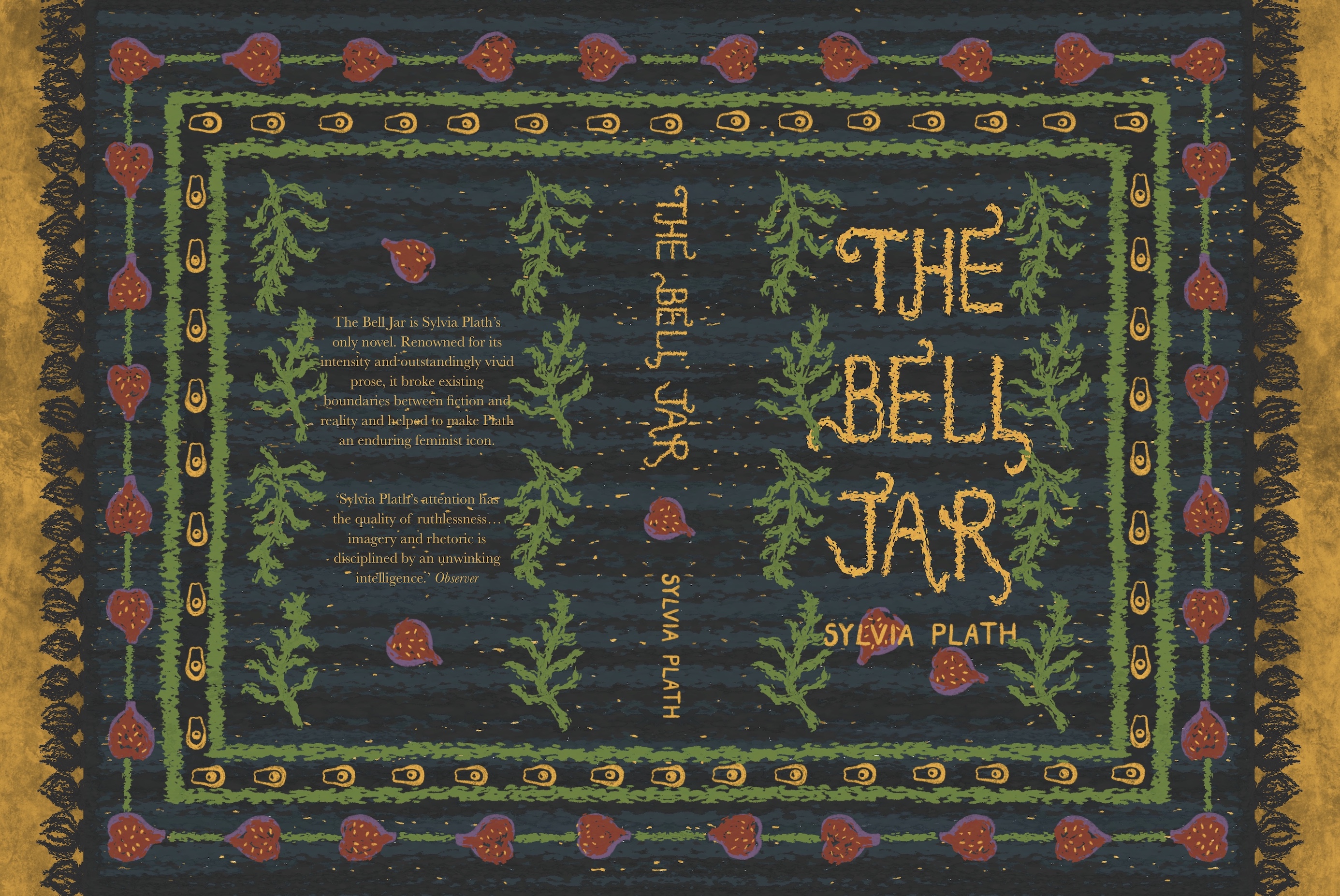 Book Cover redesign of Sylvia Plath's The Bell Jar. Depicting an illustrated rug with avocado, fig, and fern imagery.