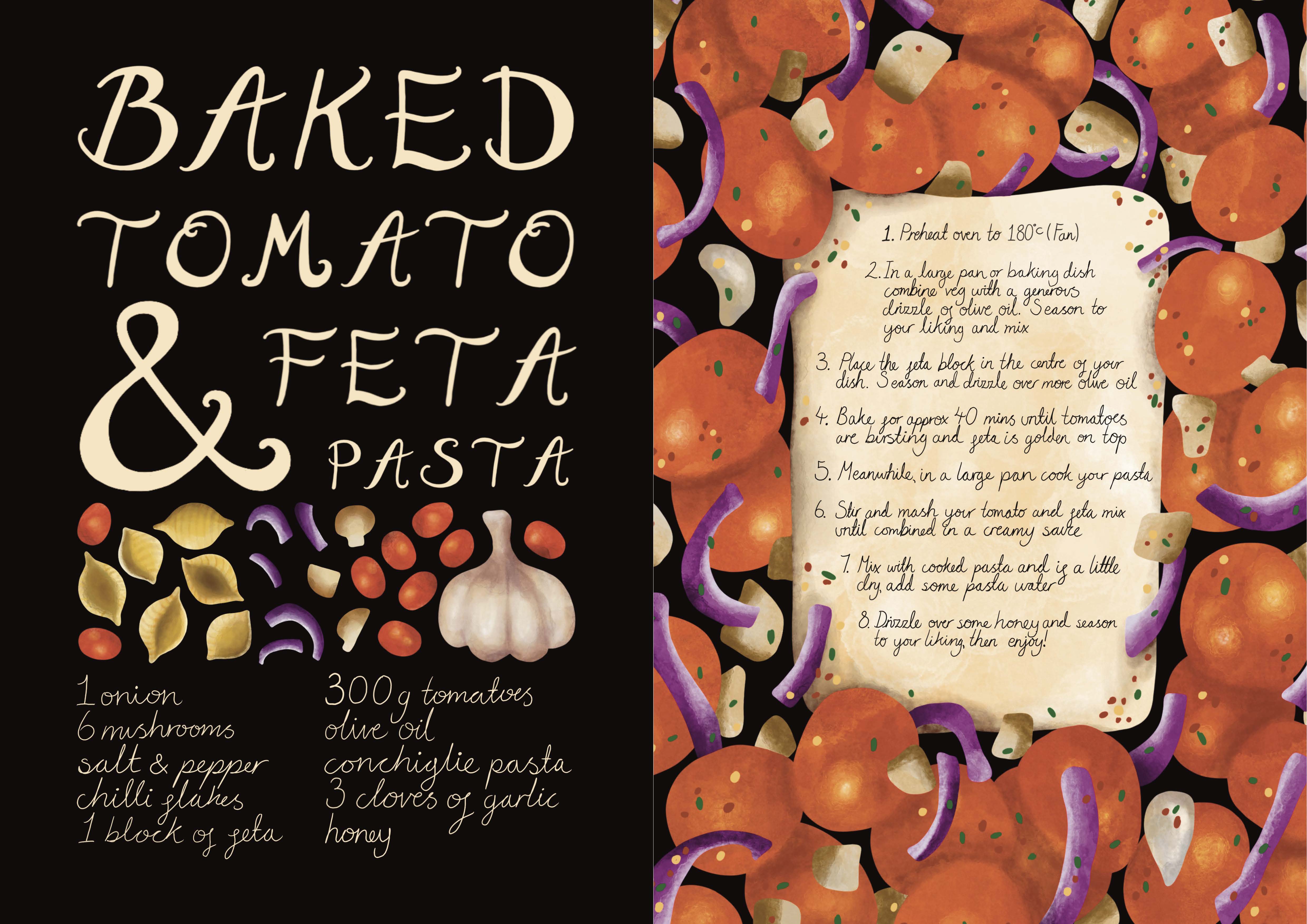 Digitally illustrated baked tomato and feta pasta recipe for Dilly Dally zine. Illustrations of ingredients on left side and handwritten recipe on the right.