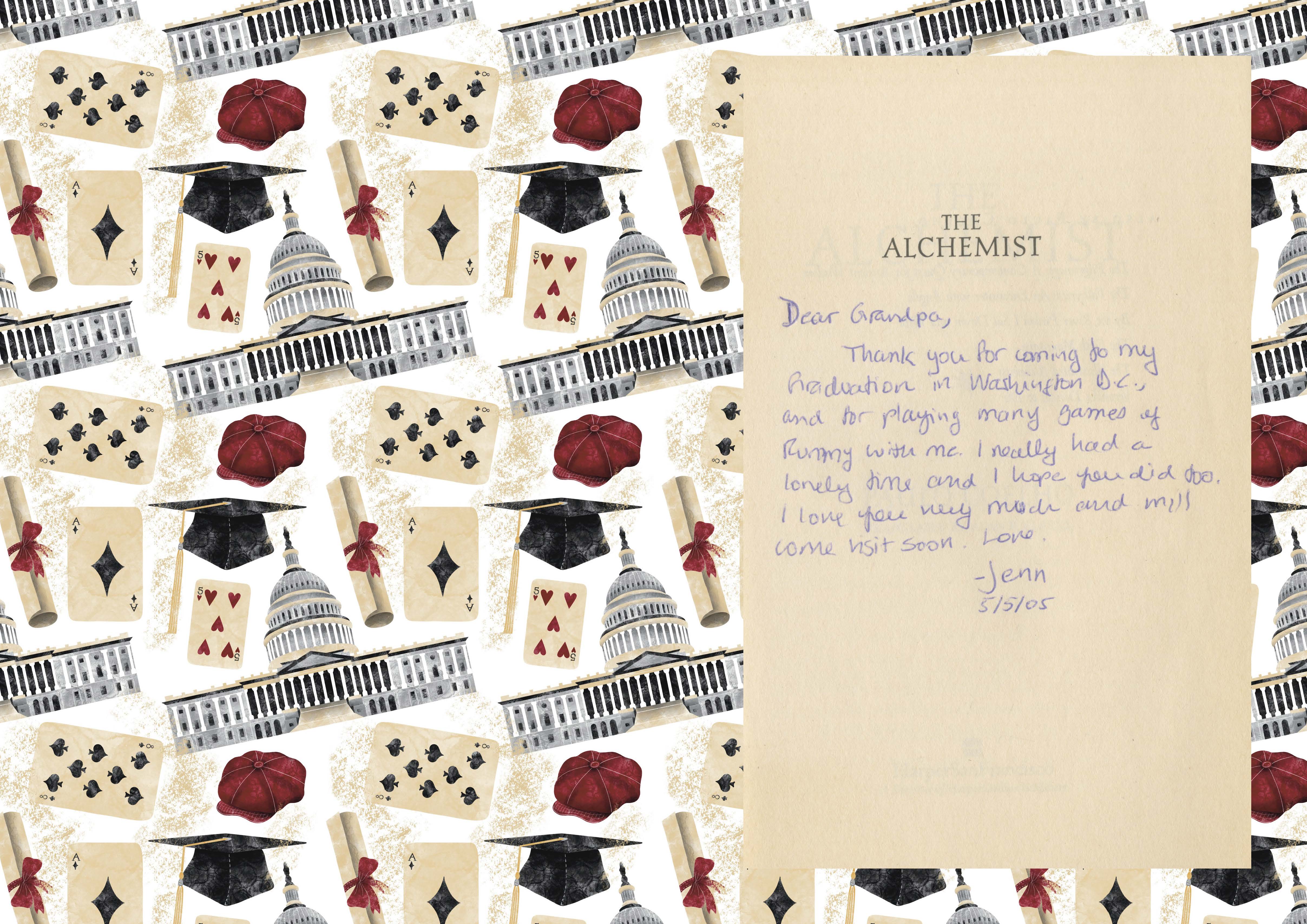 Digital pattern communicating a handwritten note left in a pre-loved copy of 'The Alchemist'. Pattern made up of object relating to the message.