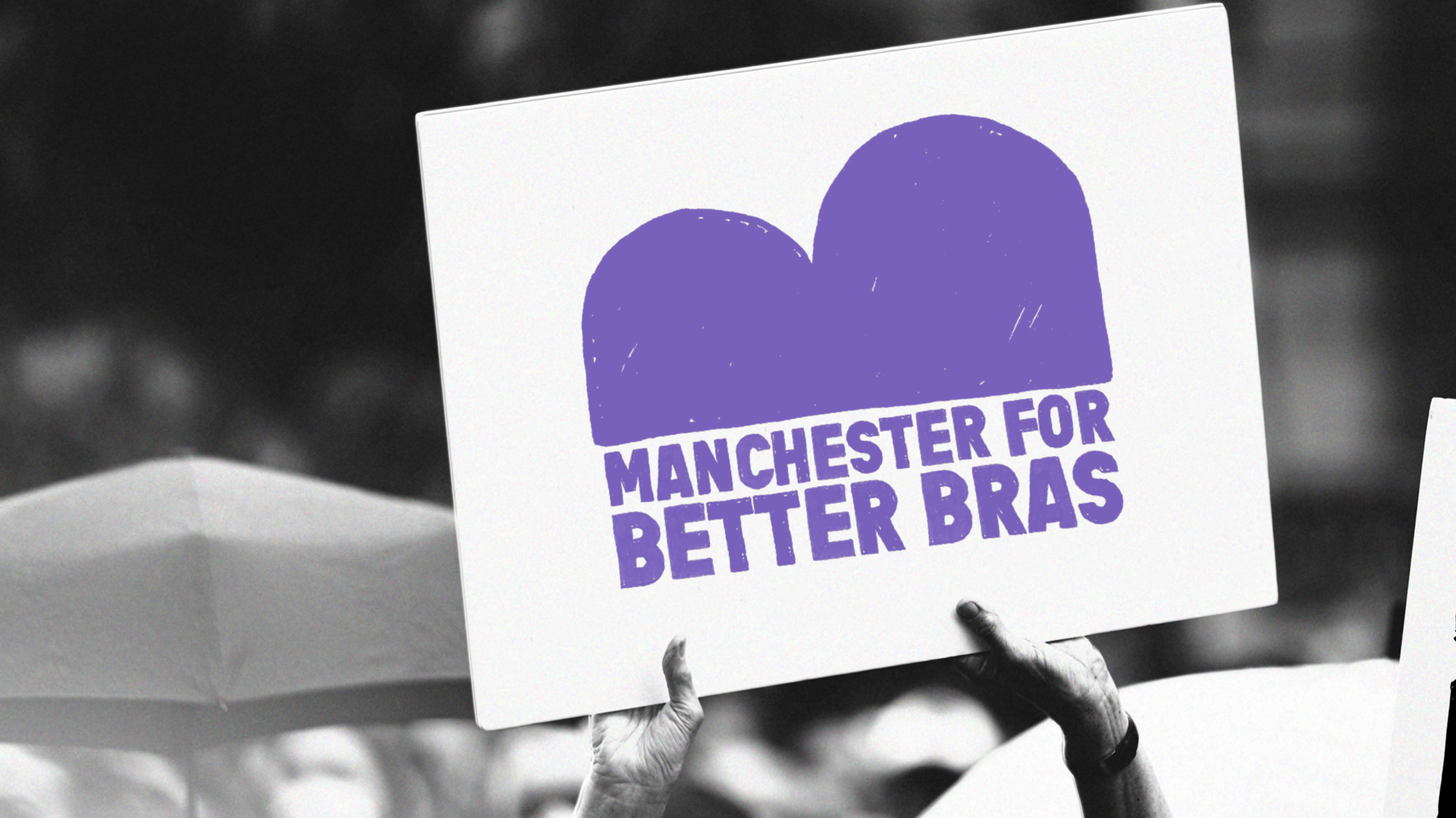 Event Identity Branding by Emma Watts presenting a pop up bra fitting event with protest-style visuals and copy. Thumbnail shows black and white image holding up sign with 'Manchester for Better Bras' in purple with a purple rounded logo.